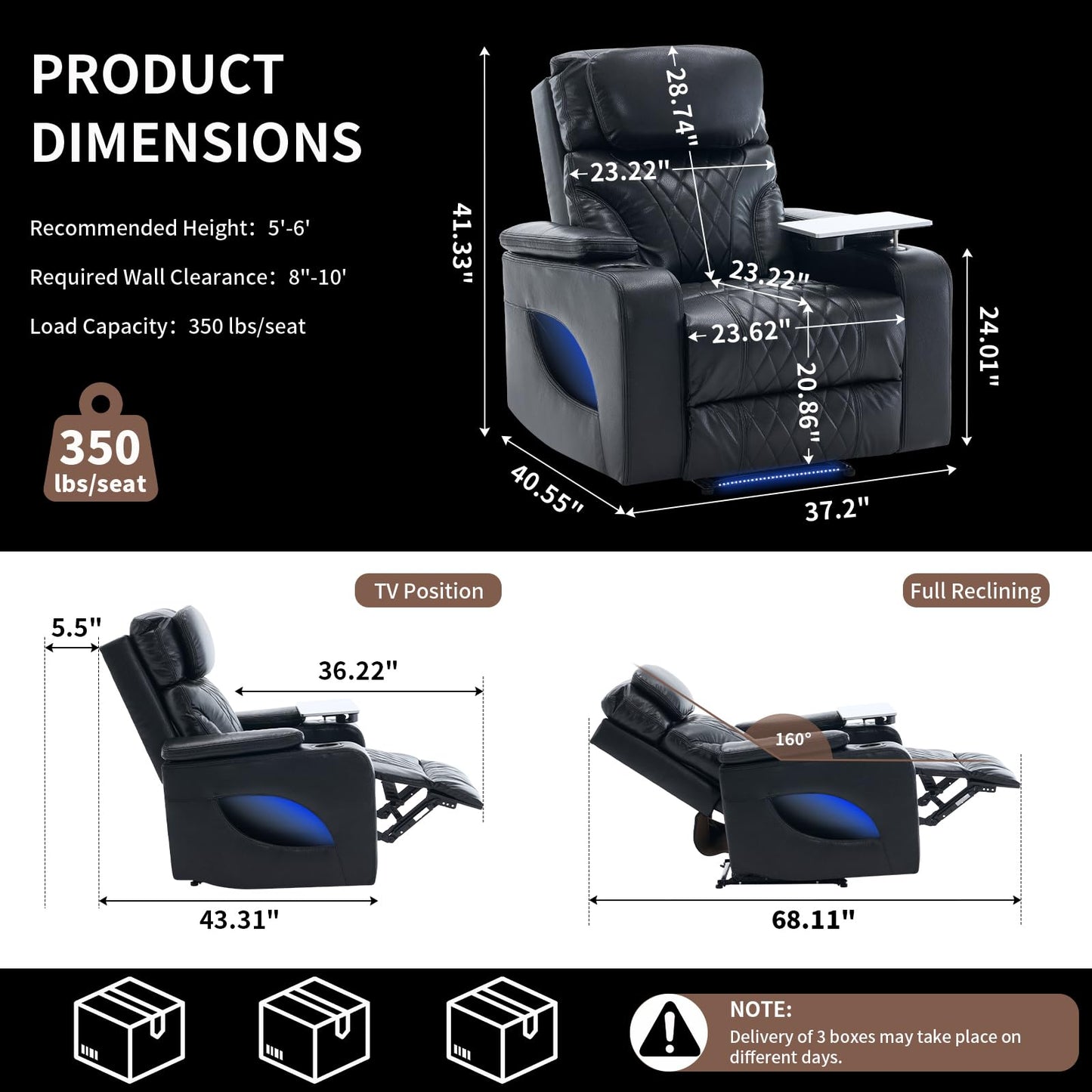 Zuacs Home Theater Seating, Power Recliner with Cooling Cup Holder & Heating Massage, Electric Recliner Chair with Tray Table, USB Charging, Manual Headrest for Living Room,Matte Black