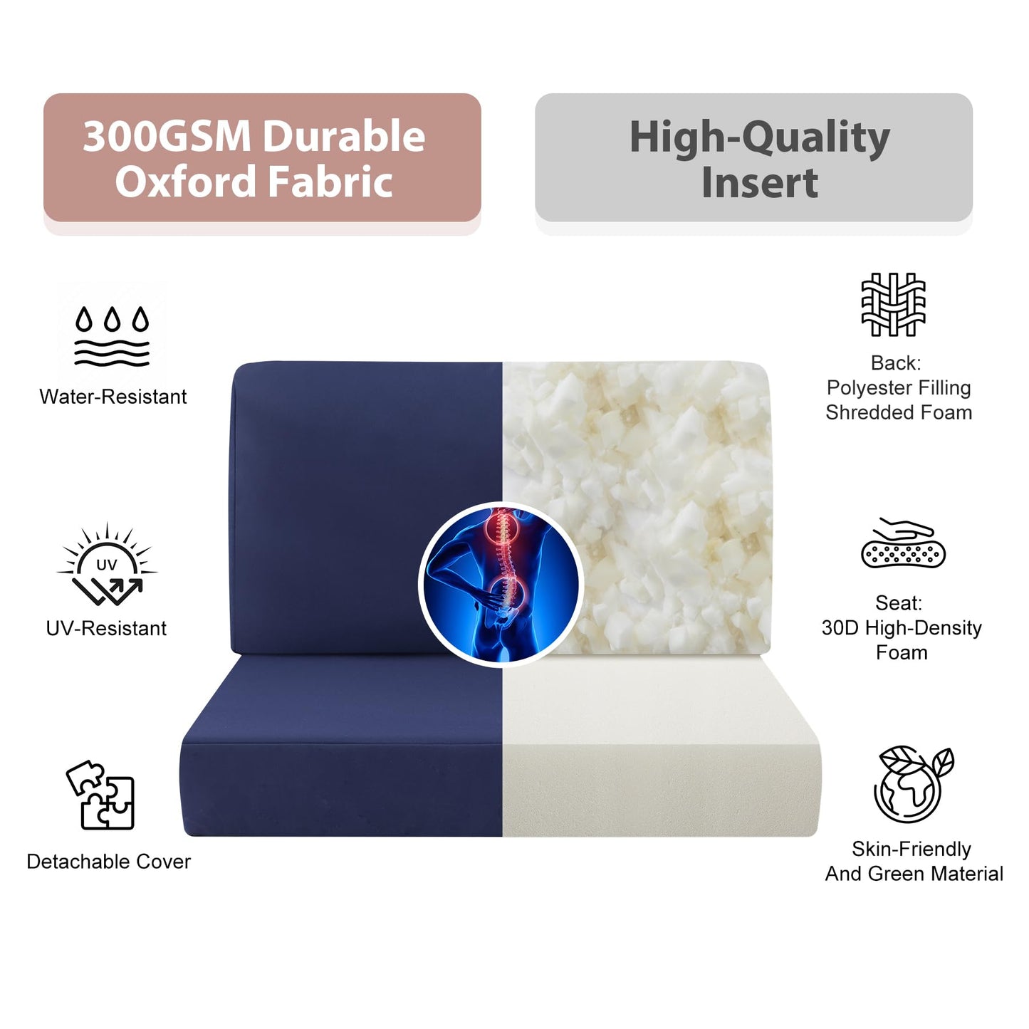 MuaMelop 14-Piece Patio Furniture Cushions Set, Replacement Outdoor Cushions for 6-Seat Patio Sectional, Waterproof & Fade Resistant Deep Seat Cushion for Outdoor Sofa, Navy Blue