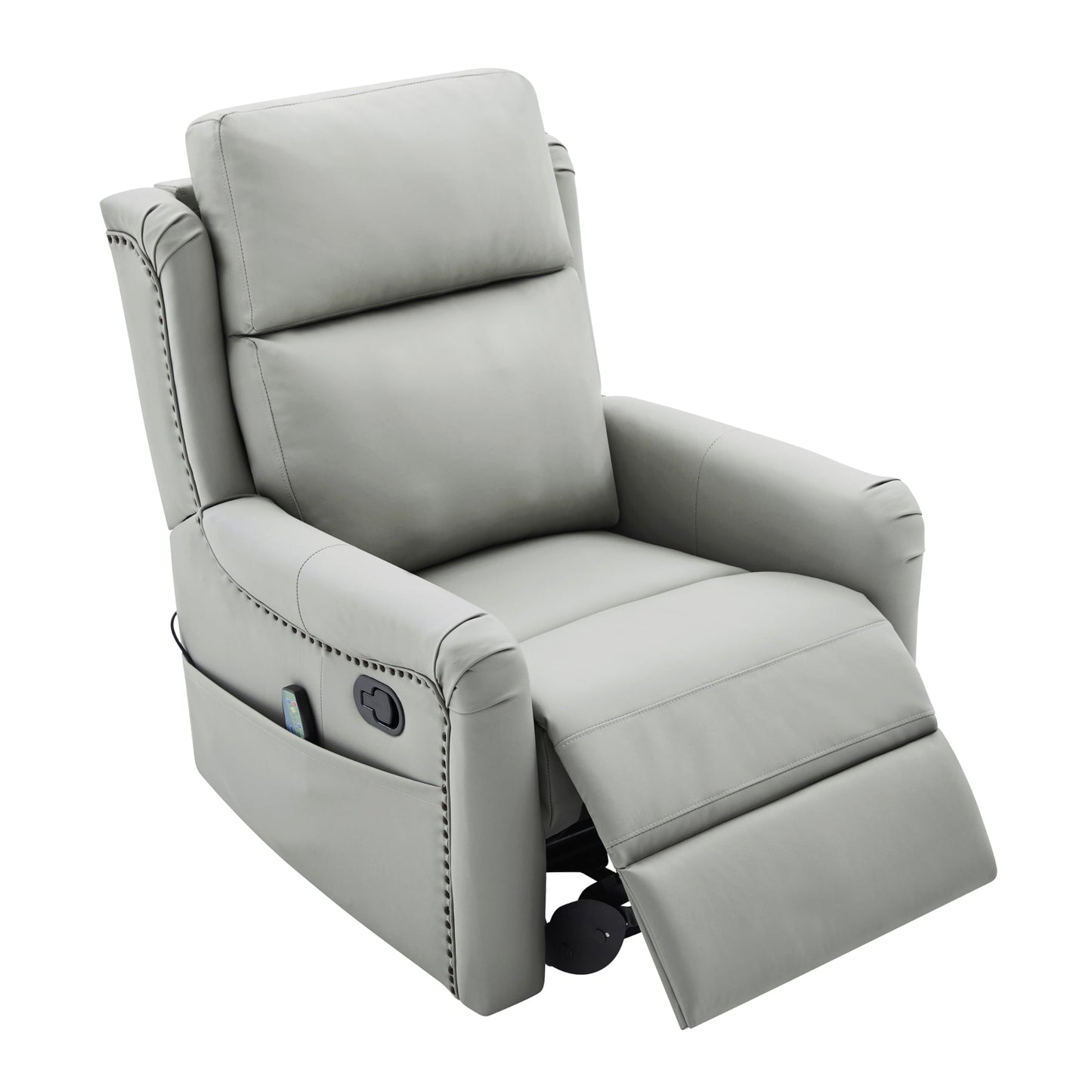 Merax Modern Manual Recliner Chair with Massage & Heat, 270° Swivel Rocking Chair, PU Leather Upholstered Home Theater Recliner with Storage Pocket, Adjustable Backrest for Living Room, Grey