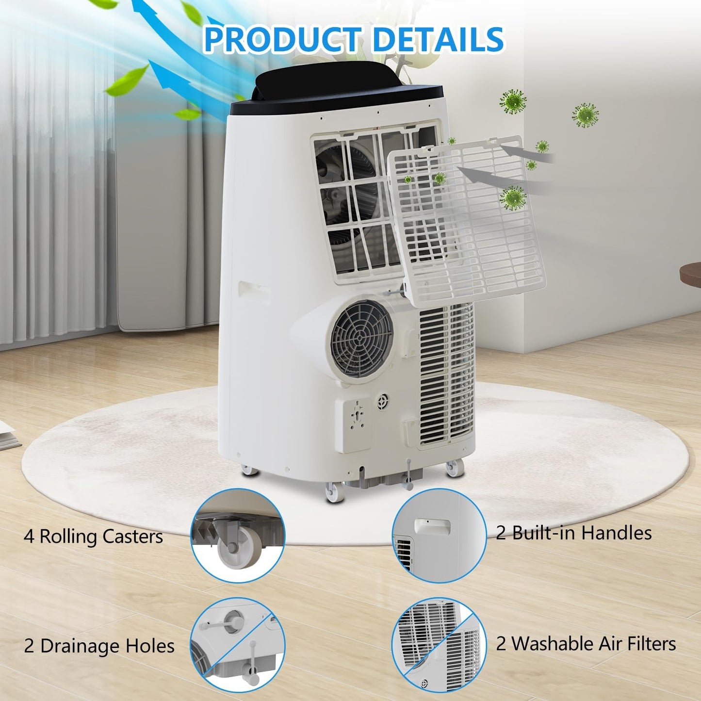 14,000 BTU Portable Air Conditioner Cools Up to 700 Sq.Ft, 3-IN-1 Quiet Portable AC Unit with Remote Control & Installation Kits for Large Room, Smart/Sleep Mode, Auto Swing, 24H Timer