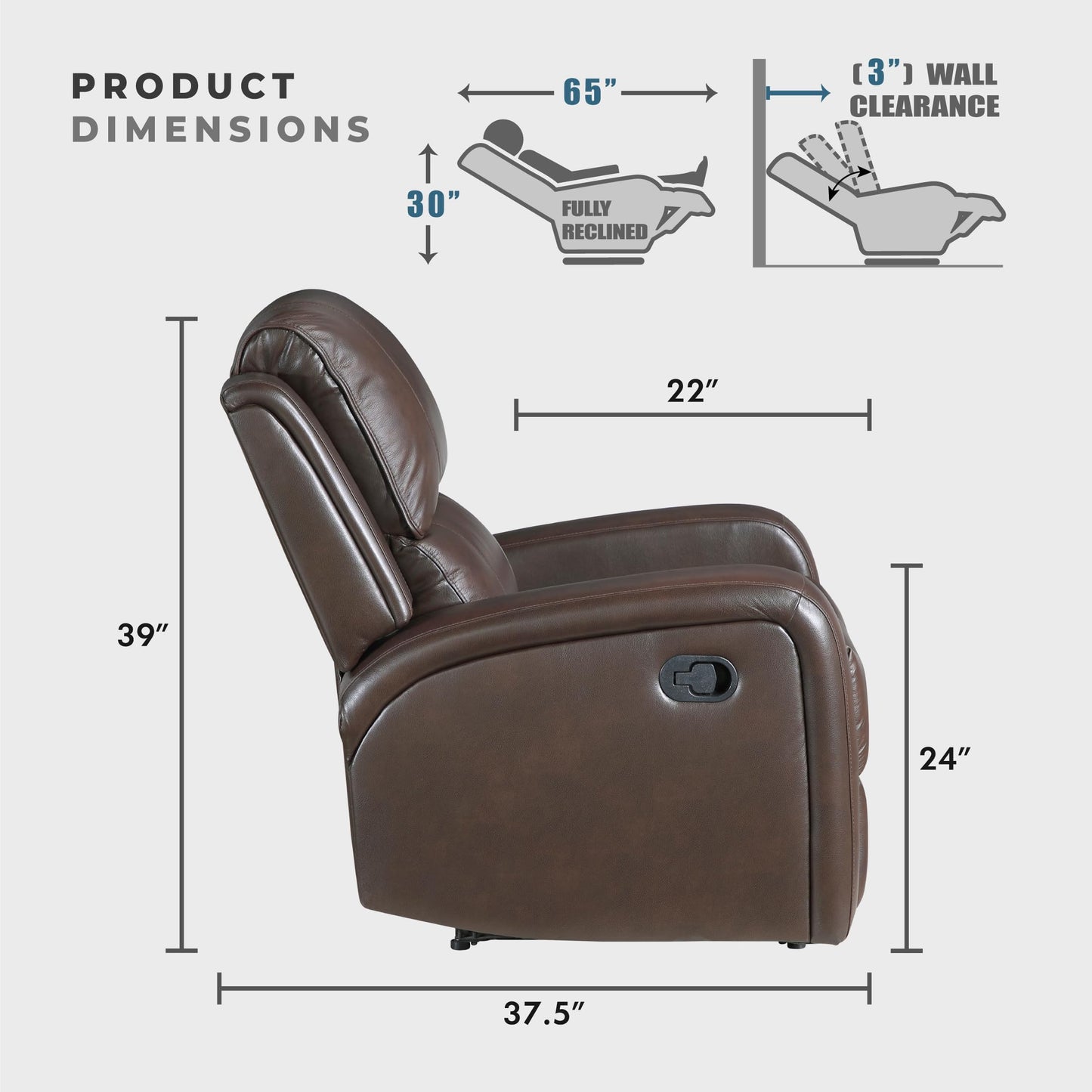 Lexicon Manual Double Reclining Loveseat with Center Console, Top Grain Leather Match Wall Hugger Recliner Loveseat, Storage, Cup Holders, High Density Foam Over Pocket Coils, for Living Room, Brown