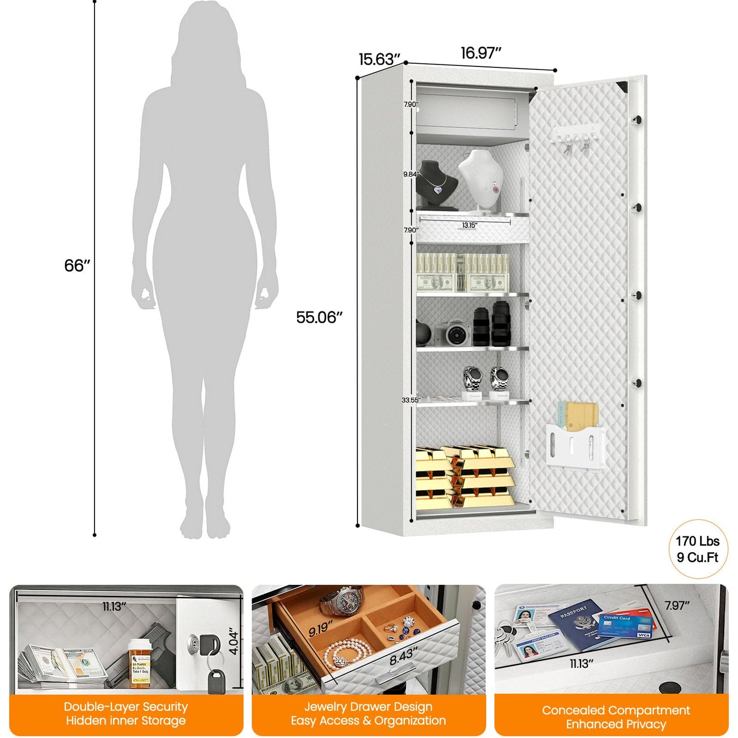 55'' Tall Large Fireproof Safe for Home, 9 Cu Ft Home Safes Water and Fireproof, Heavy Duty Big Jewelry Safety Boxes with Digital Lock & Double Keys,Drawer and Adjustable Shelves for Jewelry, Money