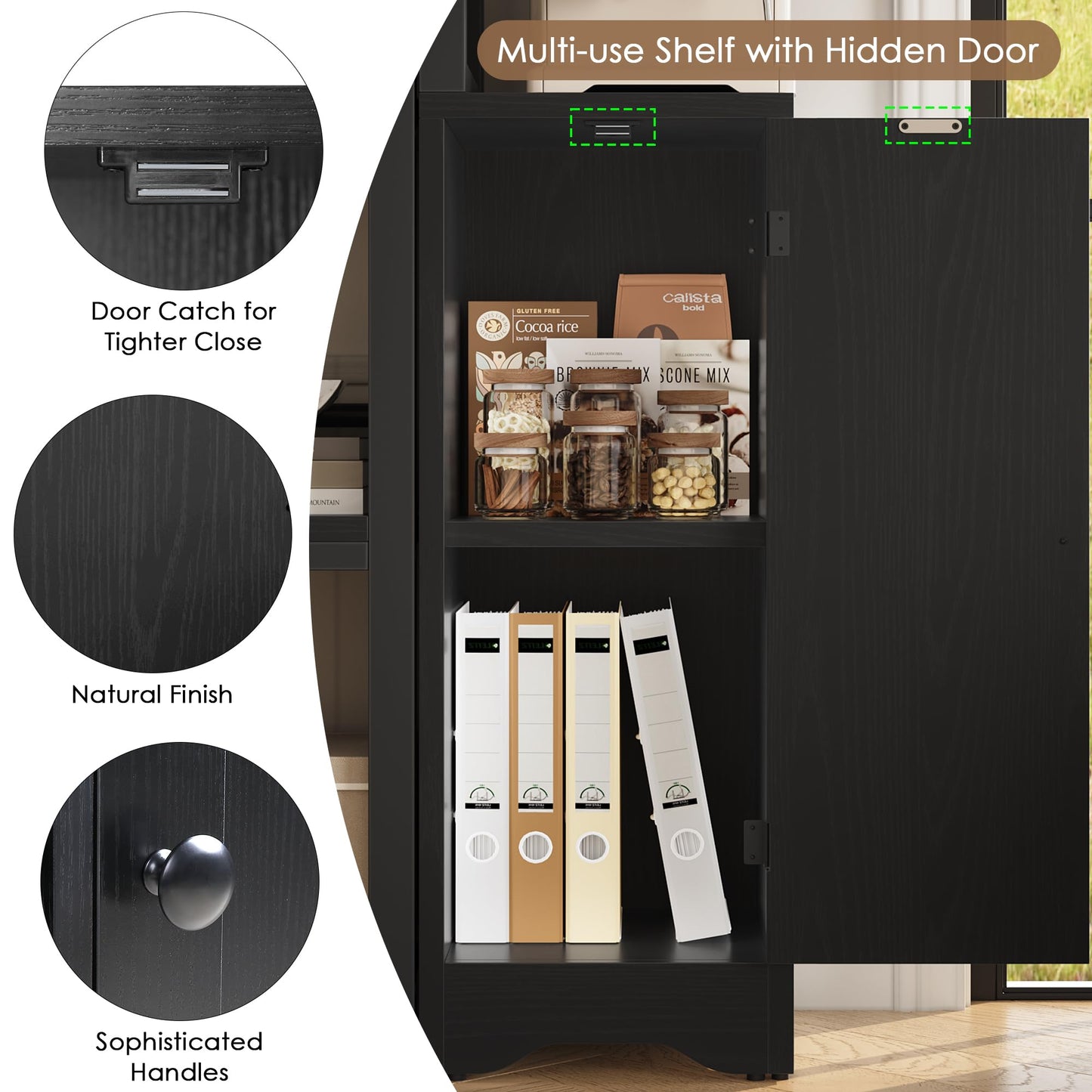 Keyluv Modern 72" Tall Corner Bookshelf with Storage Cabinet, Large 2-Piece Reversible L-Shaped Bookcase with Door, 6-Tier Display Shelf for Living Room, Home Office, Pantry, Black