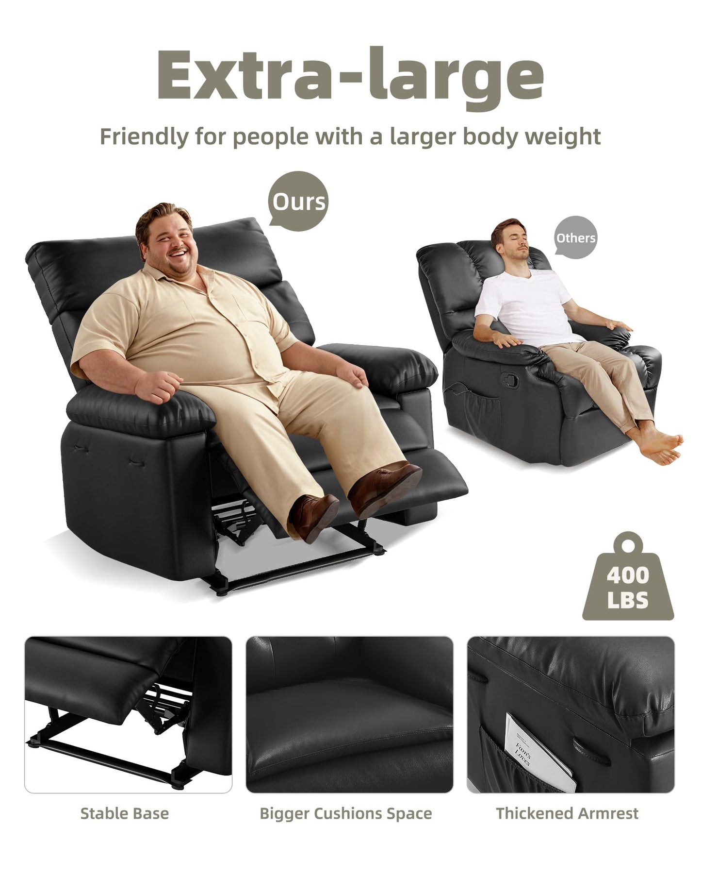 Garvee Oversized Recliner Chair Large Manual Recliner for Adults Lazy Chair PU Leather 1.5X Sponge Filling with Massage & Heat - Black