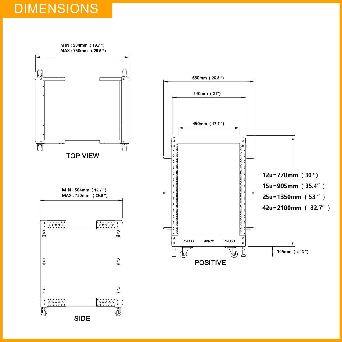 RIVECO 25U Server Rack Adjustable Depth Network 4 Post Cabinet Open Frame with Leveling Feet & Wheels Fully Rivets 1400 LBS
