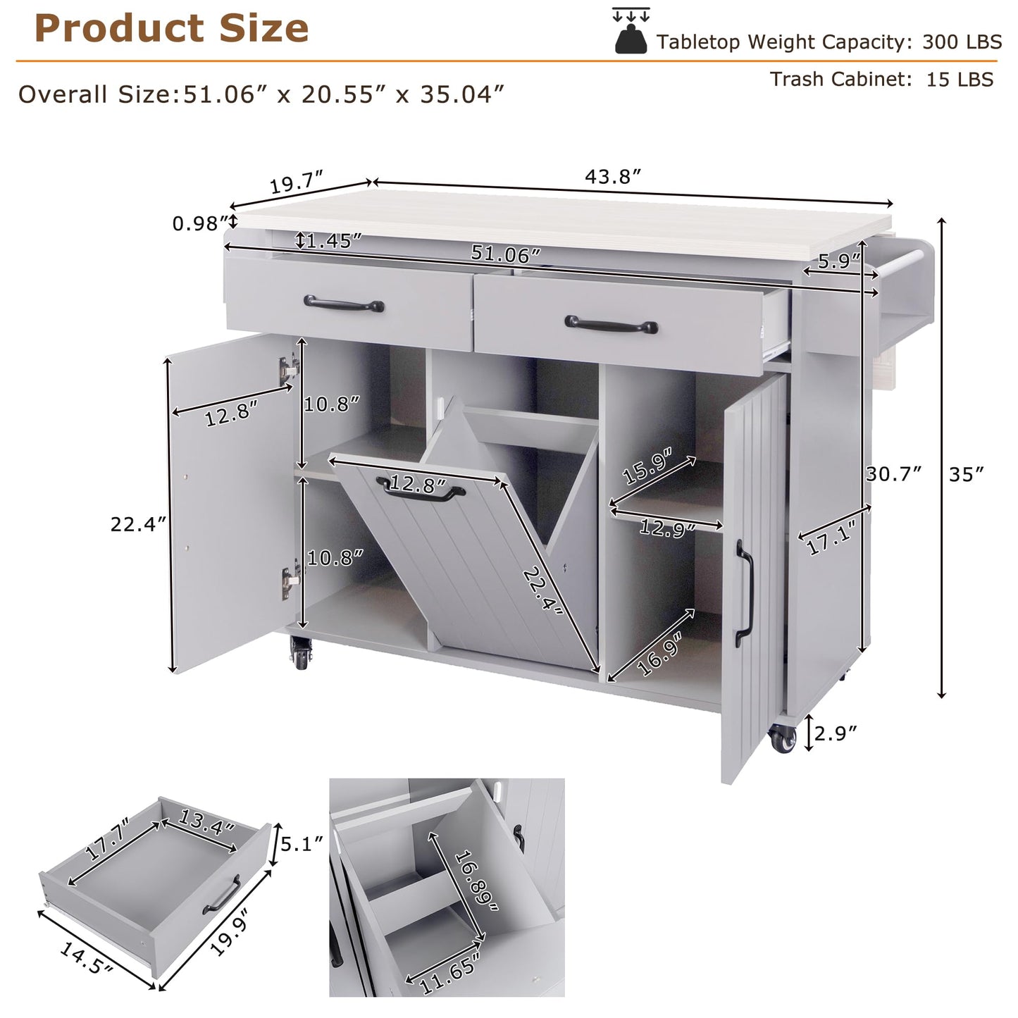 Ball & Cast Kitchen Island with Trash Can Storage Cabinet,Kitchen Cart W/Drop Leaf,Spice Rack,Towel Rack and Drawers,Rolling Kitchen Islands on Wheels W/Adjustable Shelf for Dining Room,Grey