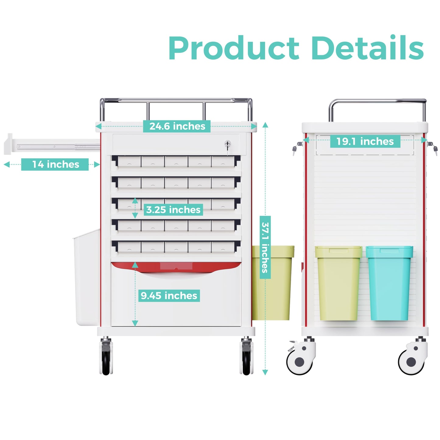 OLERN Medication Bins Cart with 200 Bins, 10 Drawers - Dual-Sided Open, 50 Medicine Boxes, Hidden Sub Workbench, Silent Casters, Container, 2 Trash Bin-Medical Crash Cart for Clinic, Hospital and Lab
