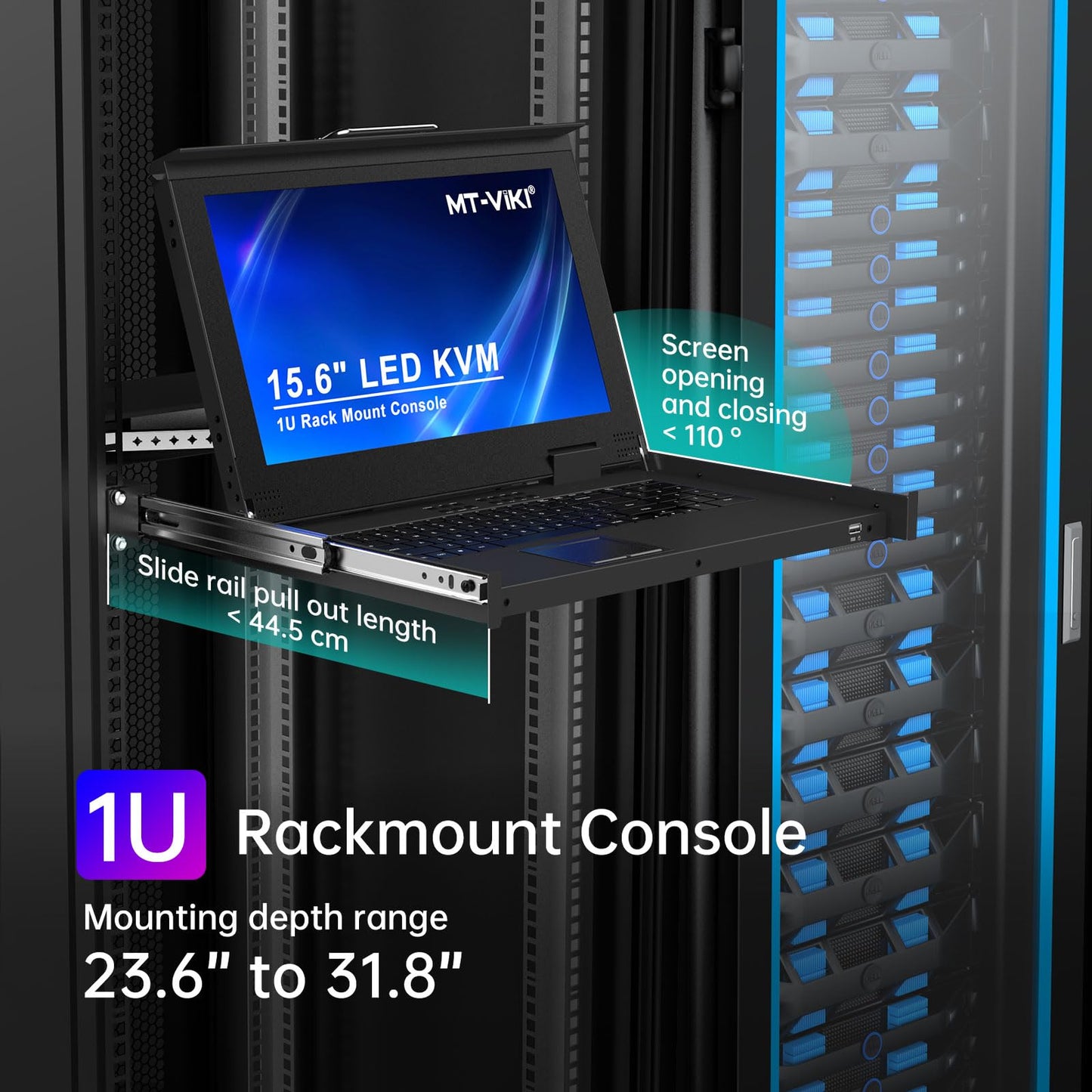 MT-VIKI Rack Mount KVM Console w/15.6" LCD Monitor, 8 Port HDMI KVM Switch, 1920x1080@60Hz 1U Integrated Monitor Keyboard, Fits 18.9" to 31.5" Deep Racks (480-800mm), Included 8 Cables