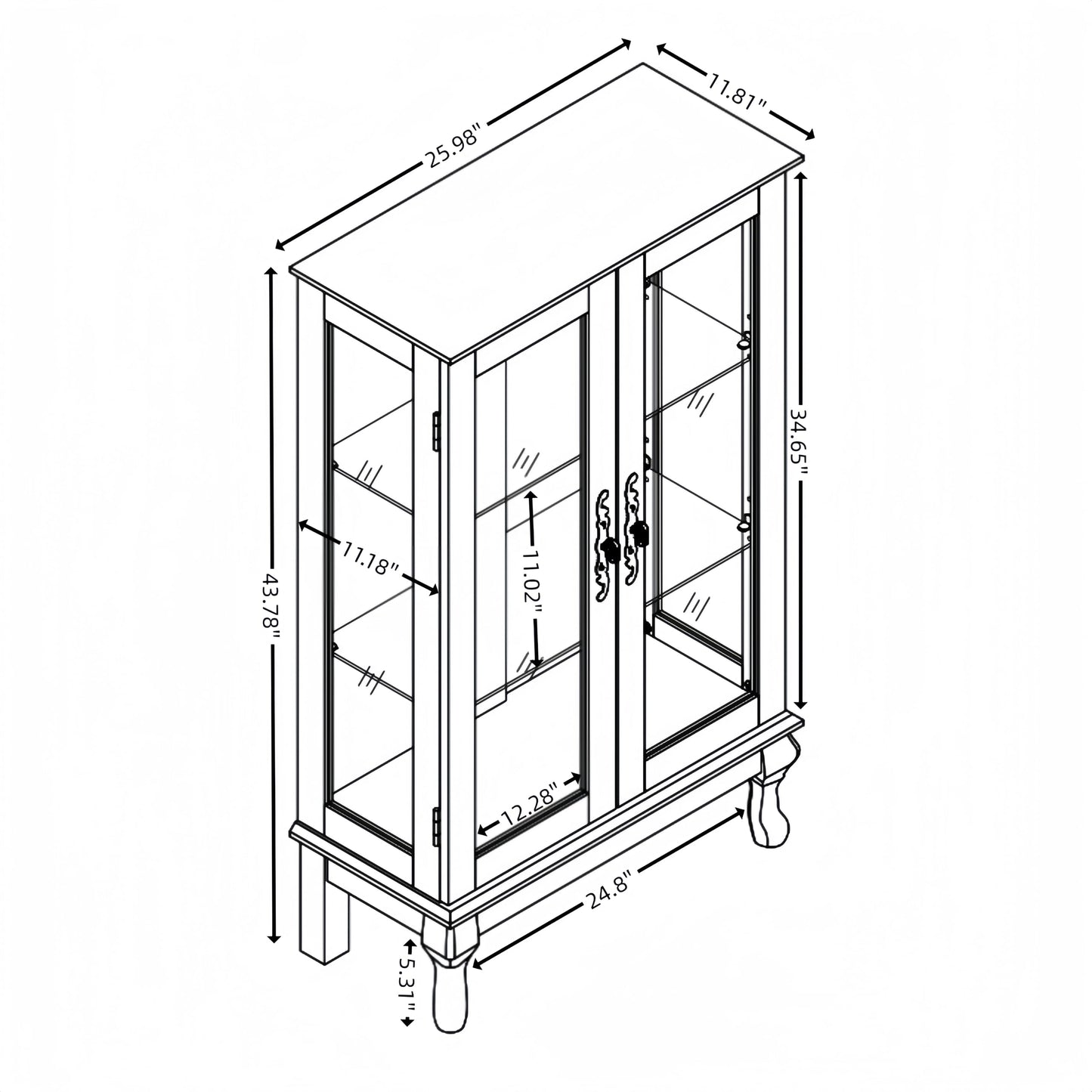 KEIKI 44" Glass Display Cabinet with Mirrored Back Panel & Adjustable Shelves, for Collectibles, Storage Curio Cabinet with 2 Door, 3-Tier Showcase Display Case, Easy Assembly, for Living Room, Oak