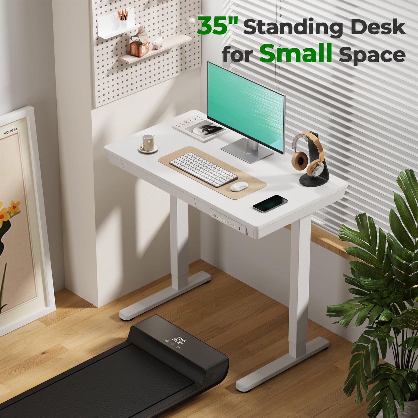 JYLH JOYSEEKER Electric Standing Desk with Drawer, 35" x 20" Whole Piece Tabletop Small Sit Stand Desk, Height Adjustable Desk with Storage & USB Ports, Quick Install Home Office Computer Desk, White