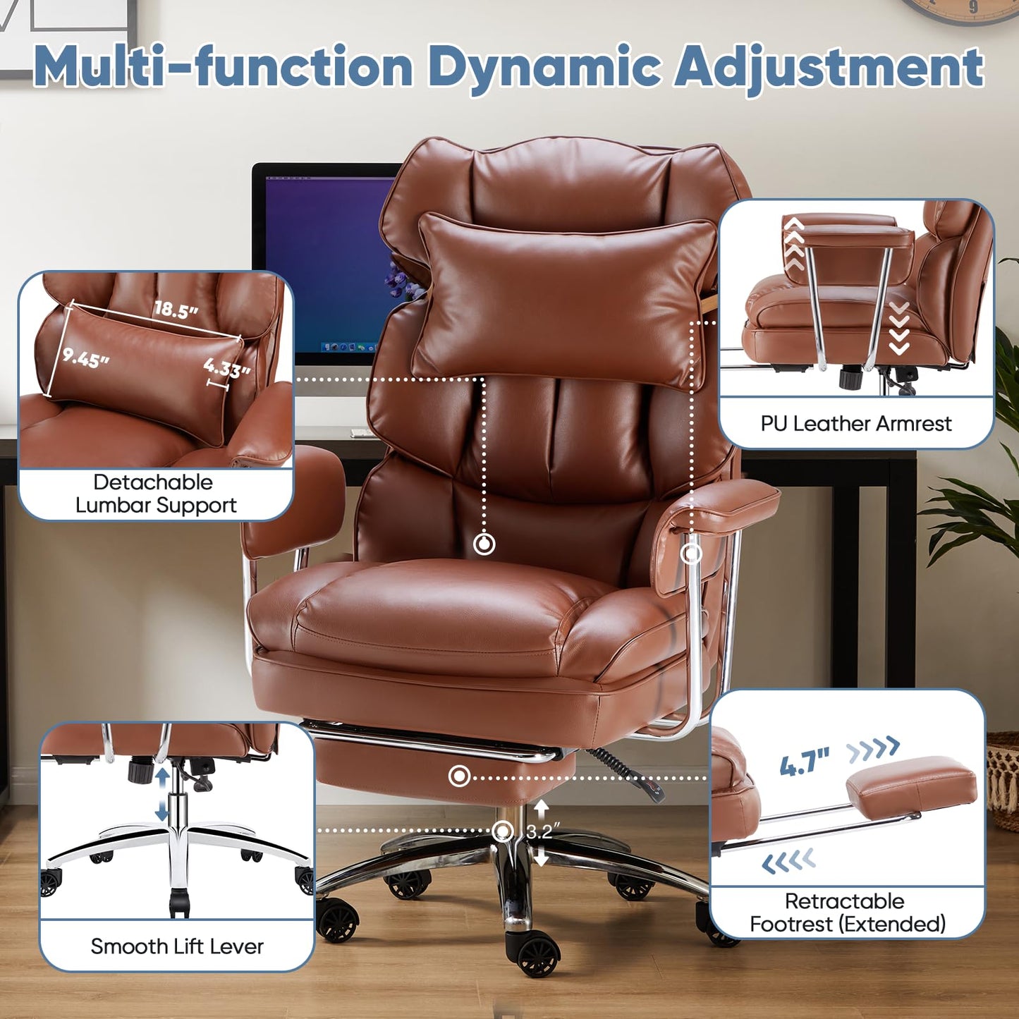 DUMOS Home Office Desk Executive Chair - Ergonomic Big Tall High Back with Footrest & Lumbar Support, Reclining Height Adjustable, Comfy PU Leather Computer Gaming with Swivel Wheels, Brown