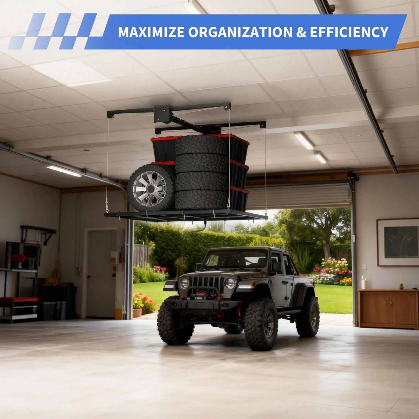 EliteEdge 4x4 FT Overhead Garage Ceiling Storage Rack, 350 LBS Heavy-Duty Lift Elevator System with Smooth Hand Crank, Space-Saving Hoist Organization for Bins, Tools & Seasonal Gear