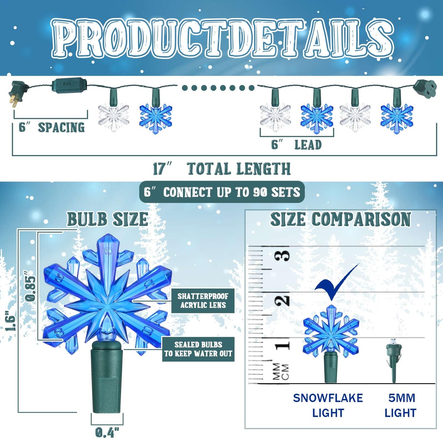 Glooglitter Winter Snowflake String Lights 35 LED 18 ft Blue White Plastic Model JEI-Glooglitter-1236