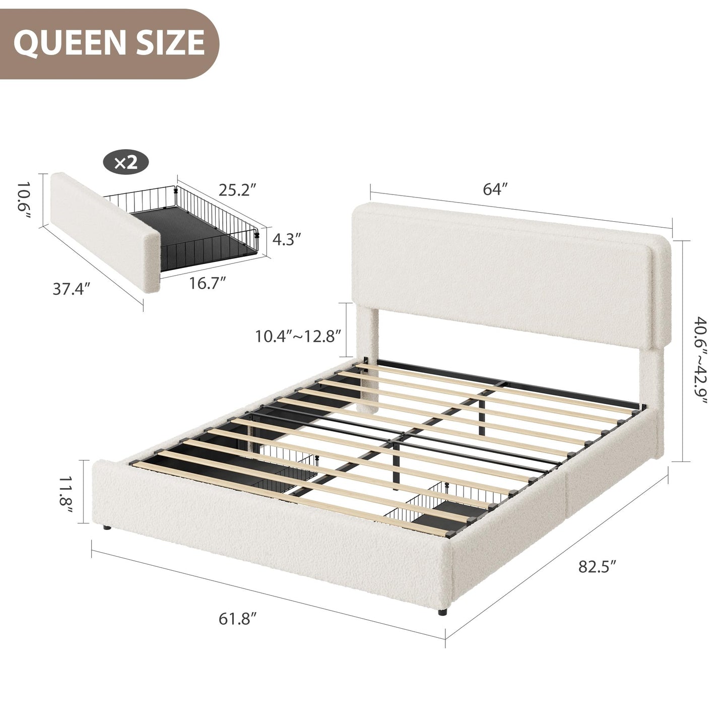 GarveeHome Queen Size Bed Frame with 2 Storage Drawer, Teddy Fleece Thick Upholstered Platform Bed Frame with Adjustable Headboard, No Box Spring Needed, Cream Beige
