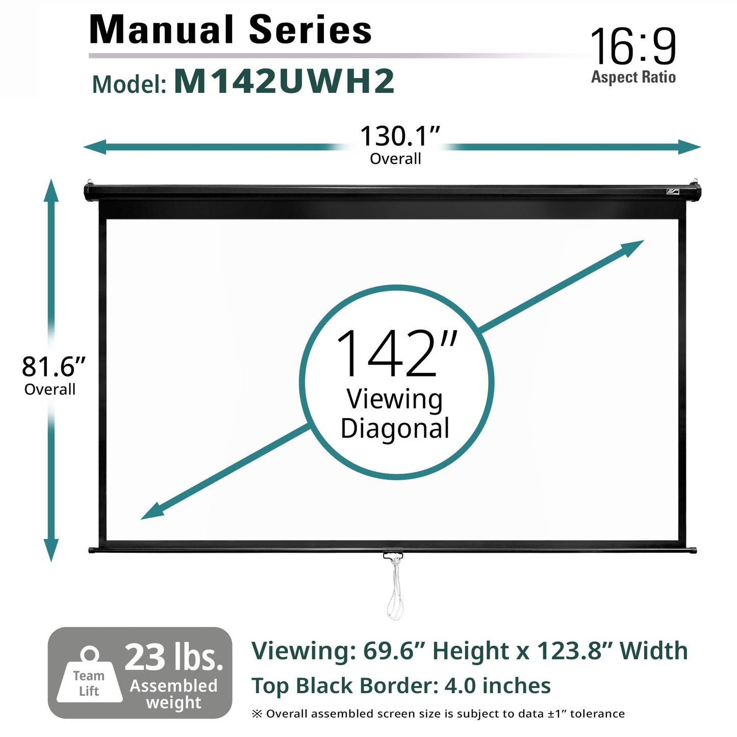 Elite Screens Manual Series, 142-INCH 16:9, Pull Down Manual Projector Screen with AUTO LOCK, Movie Home Theater 8K / 4K Ultra HD 3D Ready, 2-YEAR WARRANTY, M142UWH2, 16:9, Black