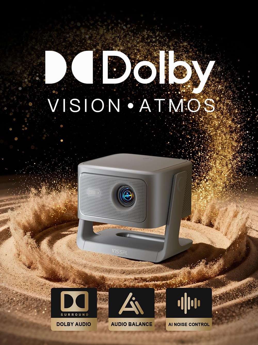【3000ANSI & Officially-Licensed APP】Smart 4K Projector with WiFi and Bluetooth, VISSPL 3D Dolby Audio and Auto Focus Portable Outdoor Projector, Movie Home Theater Proyector with 360° Adjustable Stand