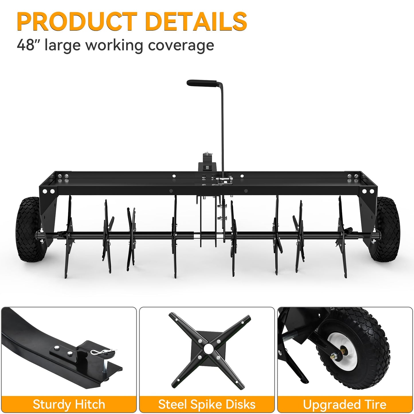 YINTATECH 48" Tow Behind Lawn Aerator with Universal Hitch, Pull Behind Lawn Plug Aerator for ATV&Tractors,Black
