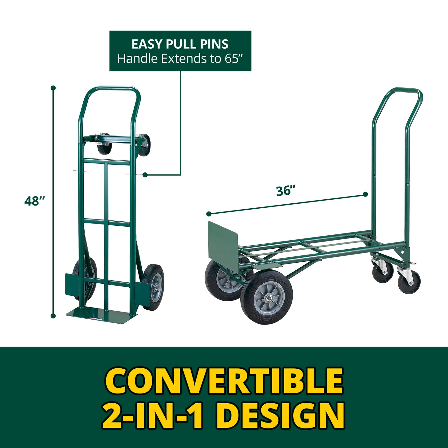 Harper Trucks JEDT8635P Convertible Hand Truck Cart, 600 lb 2-Wheel Dolly and 700 lb 4-Wheel Cart with Flat-Free Rubber Wheels for Moving, Delivery, Warehouses and Retail Stocking