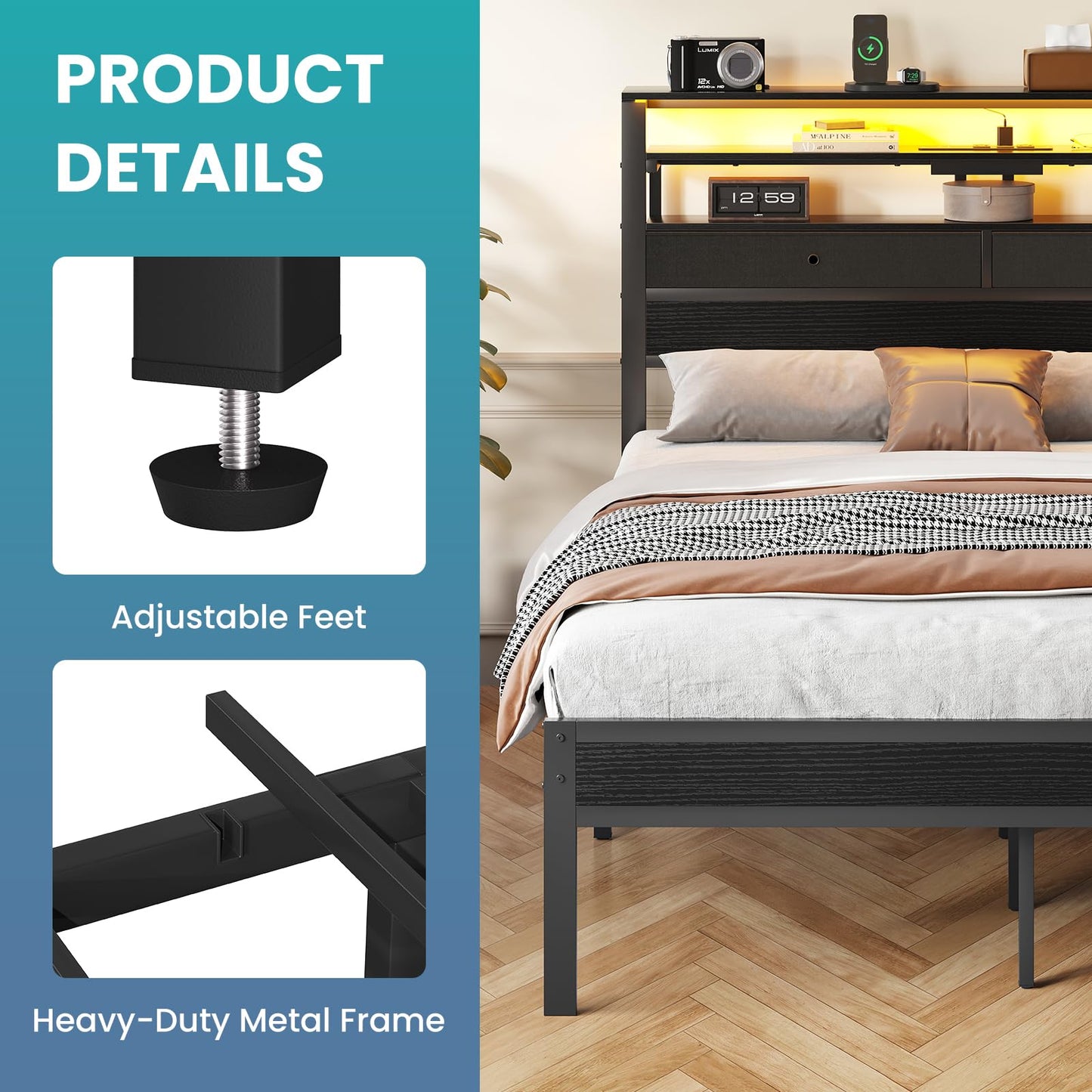 Sweetcrispy Bed Frame King Size with LED Lights and Charging Station, Sturdy Platform Beds Frame with Storage Drawers, 3-Tier Shelves and Under Bed Storage, No Box Spring Needed, Black