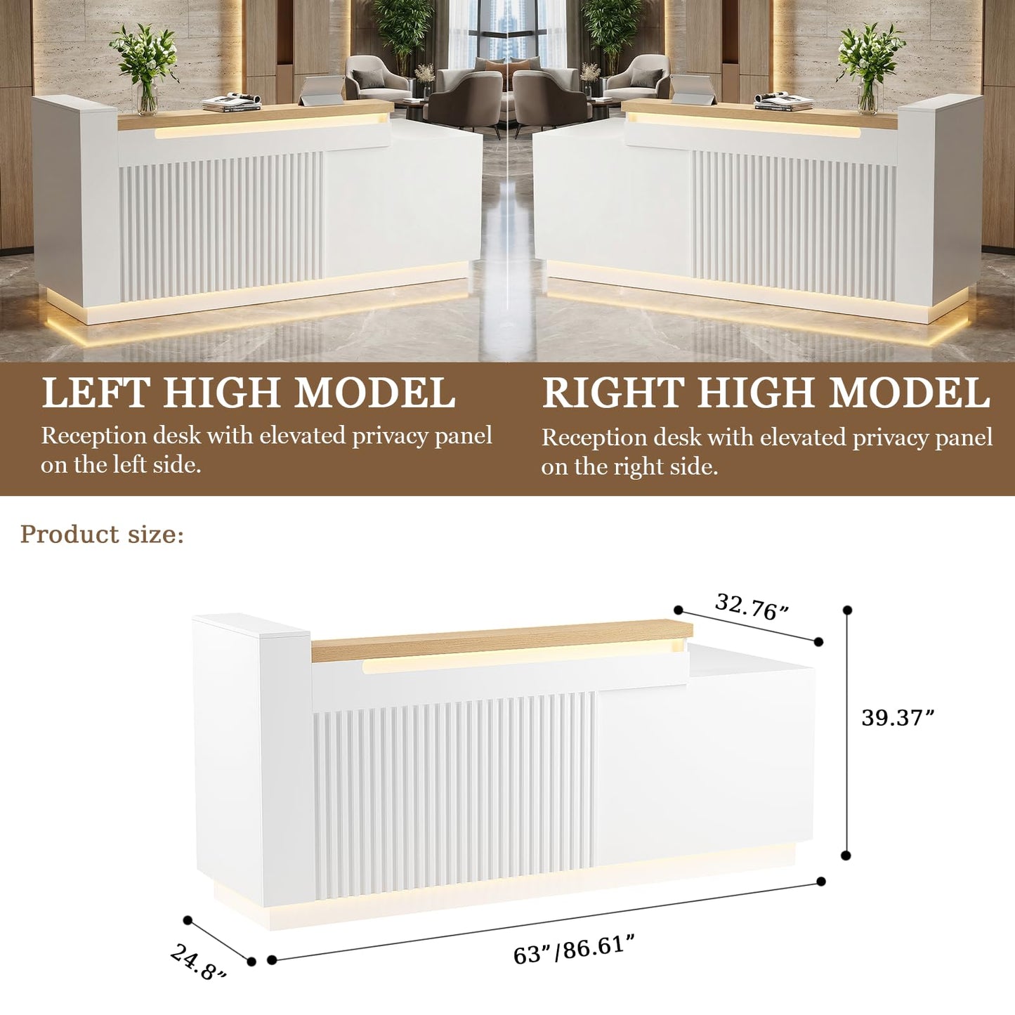 63" L-Shaped Reception Desk with LED Lights and Slatted Grille, Modern Front Desk with Built-in Outlets for Salon, Retail Store,Office,White Checkout Counter with Dimmable Switch,Reception Counter