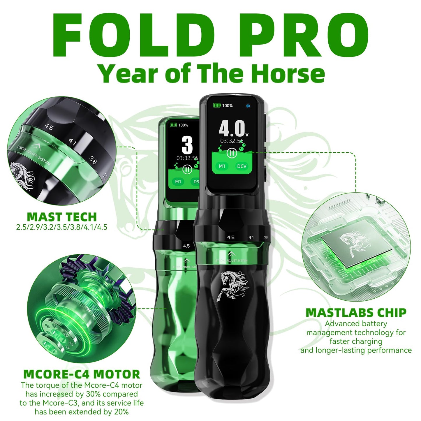 Mast Tattoo Fold Pro Cordless Tattoo Gun Kit Year of the Horse Edition Tattoo Machine 20 Pro Needles Black Tattoo Ink for Professional Artists Complete Tattoo Supplies (Green)