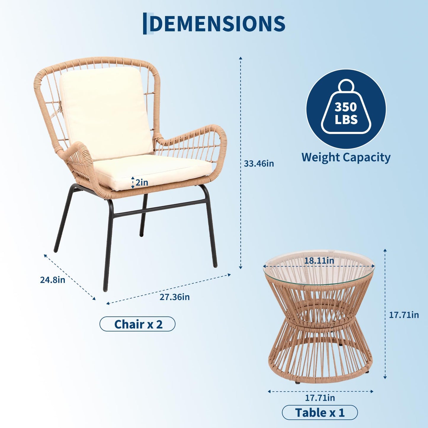 3 Piece Outdoor Rattan Patio Bistro Set with Glass Top Table and 2 Chairs, All Weather Patio Furniture for Backyard, Poolside, Porch, Balcony, Garden, Beige