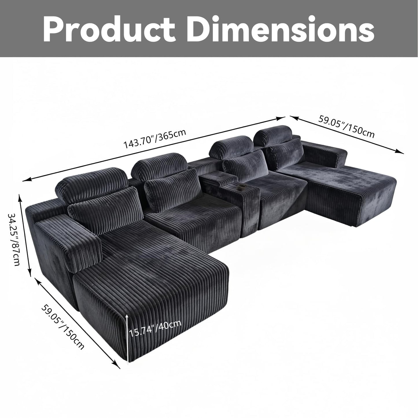 KEIKI Modular Sectional Cloud Couch for Living Room - 143" 6 Seater Convertible Velvet Couches Set with Ottoman, No Assembly Compression Sofa, Soft Floor Sofa with Chaise Lounge & Cup Holders, Coffee