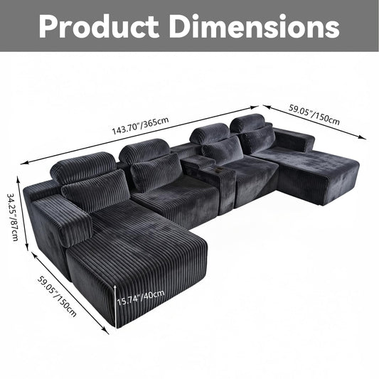 KEIKI Modular Sectional Cloud Couch for Living Room - 143" 6 Seater Convertible Velvet Couches Set with Ottoman, No Assembly Compression Sofa, Soft Floor Sofa with Chaise Lounge & Cup Holders, Coffee