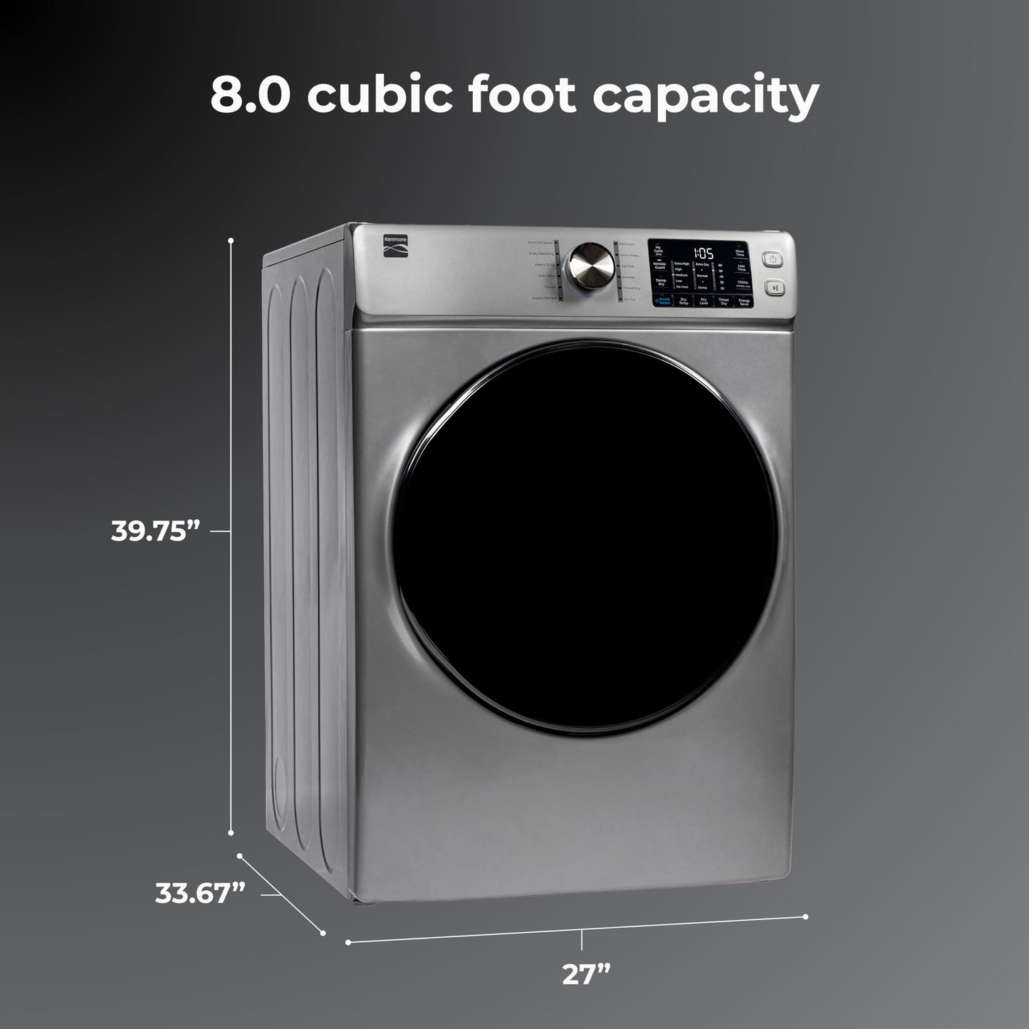 Kenmore 8.0 cu. ft. Front Load Gas Dryer - Wrinkle Guard with Accela Steam to Reduce Static and Odors - Smart Sensor Drying - LED - Metallic Silver