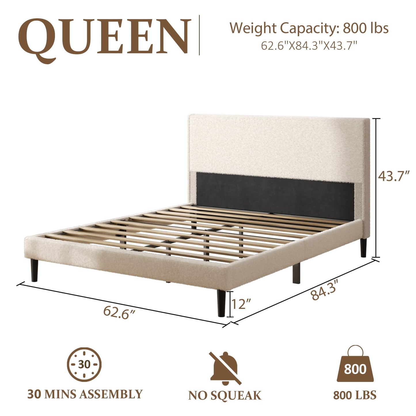 viplov Queen Bed Frame,Teddy Velvet Modern Platform Bed Frame with Upholstered Headboard, Mattress Foundation, No Box Spring Required, Beige