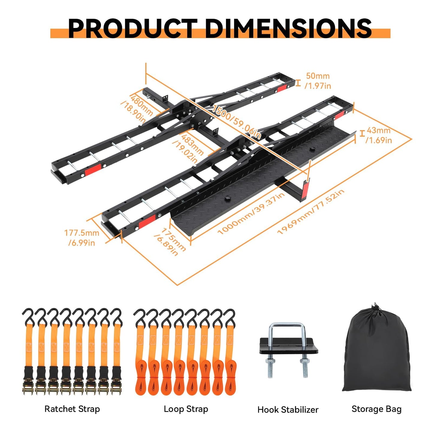 ExploreHorizon Heavy Duty Motorcycle Carrier for 2 Bikes, Hitch Mount Rack with Ramp for Dirt Bikes & Ebikes, 600 lbs Capacity with Ratchet Straps and Stabilizers, Receiver Hitch Ebike Carrier