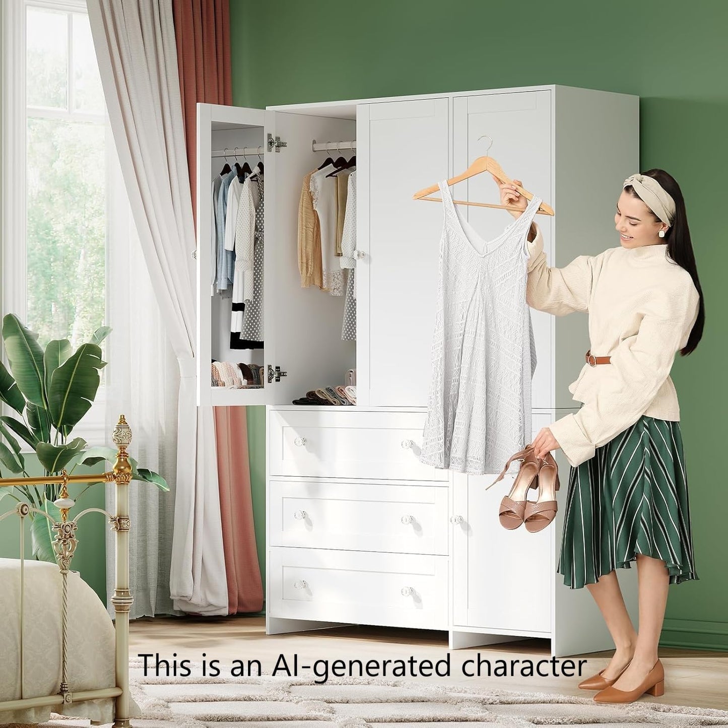 VOWNER Armoire Wardrobe Closet with Drawers and Mirror, 71" Clothing Storage Cabinet with Hanging Rod, 4 Doors Wooden Wardrobe Cabinet for Bedroom, Large Capacity Storage