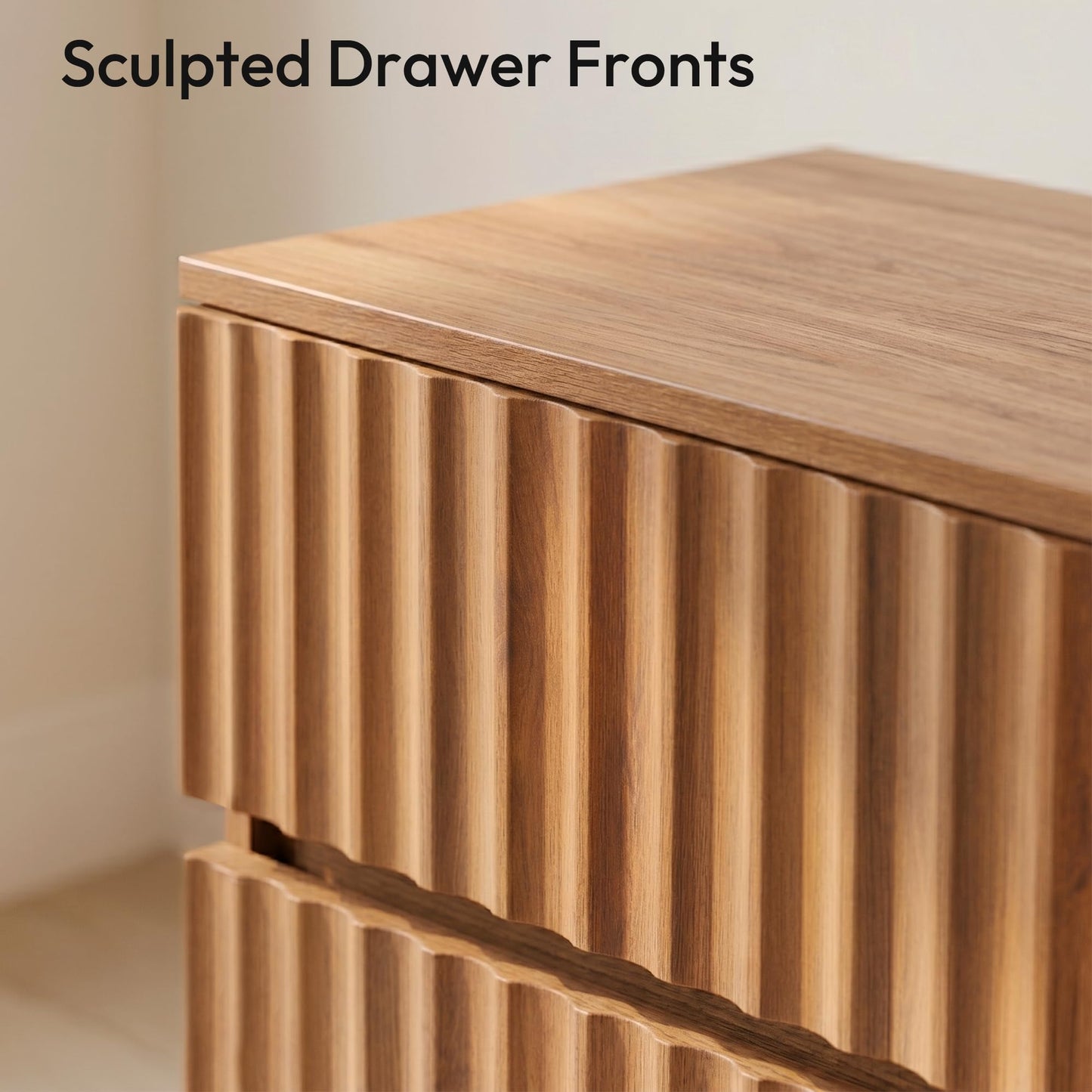 FurniXpress Fluted Nightstands Set of 2, 23.6" Wide Walnut Brown Mid-Century Modern Bedside Tables with 2 Drawers, Handleless Night Stand for Bedroom