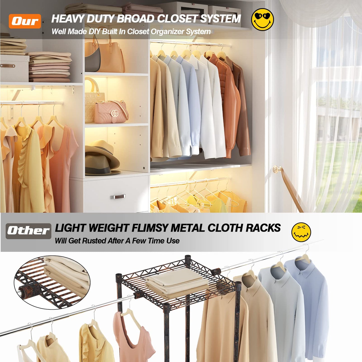 Armocity 96" Wood Closet System with 3 Enclosed Drawers & 3 Solid Shelves, 8FT Adjustable Closet Organizers and Storage, Heavy Duty Modular Wardrobe for Reach-In & Walk-In, 1000 LBS Load, White