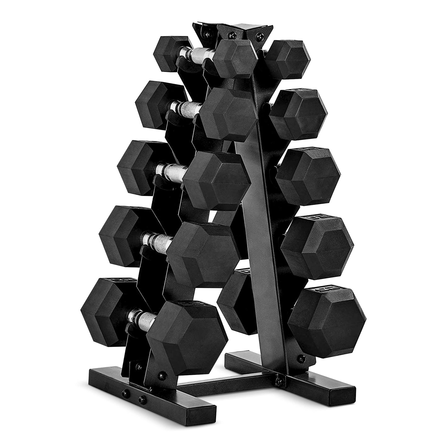 CAP 150 lb Rubber Coated Hex Dumbbell Set with Vertical Rack, Space-Saving A-Frame Storage for Home Gym Strength Training, Chrome Handle, Black Rack