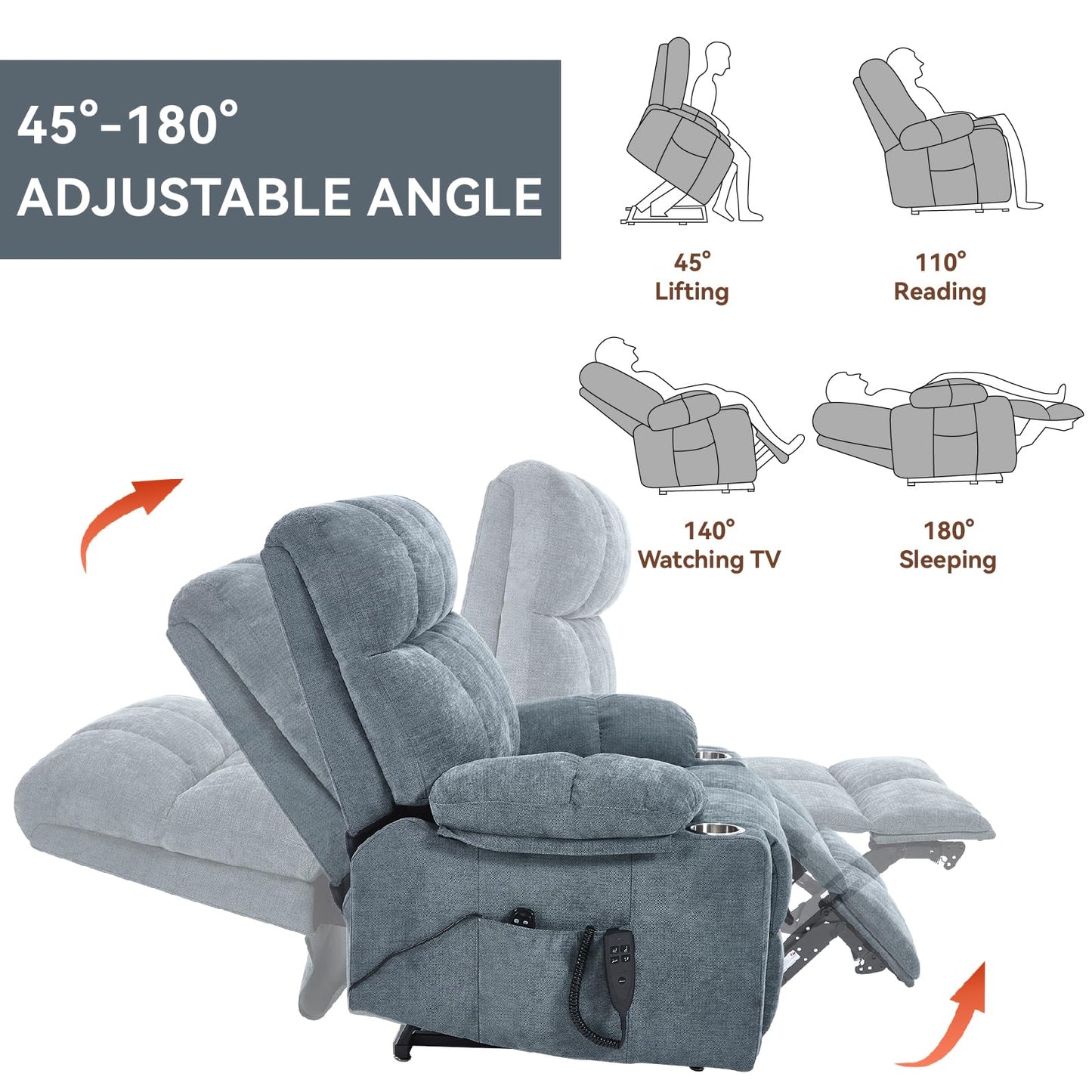 Dual Motor Power Lift Recliner Chair with Heat and Massage, Infinite Position Lift Chair, Oversized Chenille Recliner with 8-Point Vibration, Cup Holders and Side Pockets for Living Room, Grey Blue