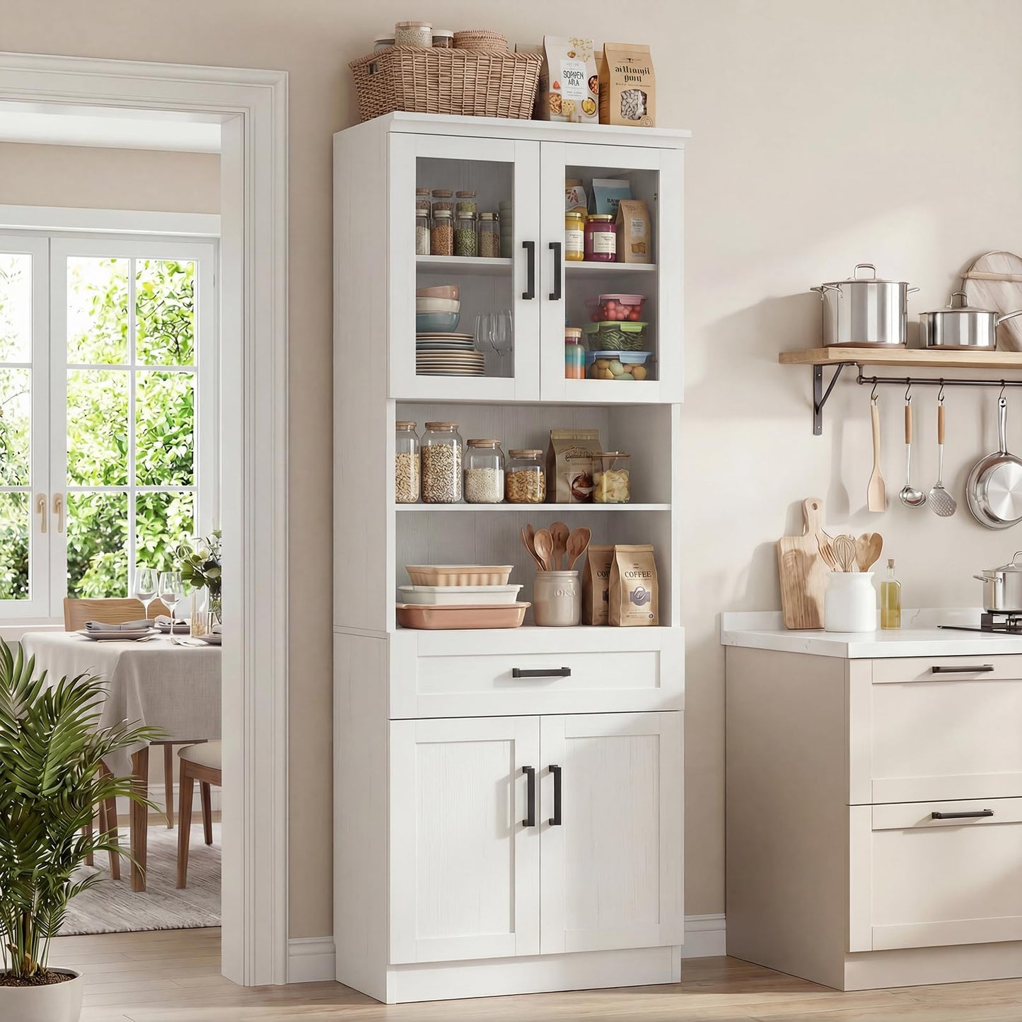 Unikito 79.7" Tall Kitchen Pantry Storage Cabinet, Freestanding Kitchen Hutch Cabinet with Glass Door, Adjustable Shelves and Drawer, Display Bookcase for Living Room, Dining Room, Bathroom, White
