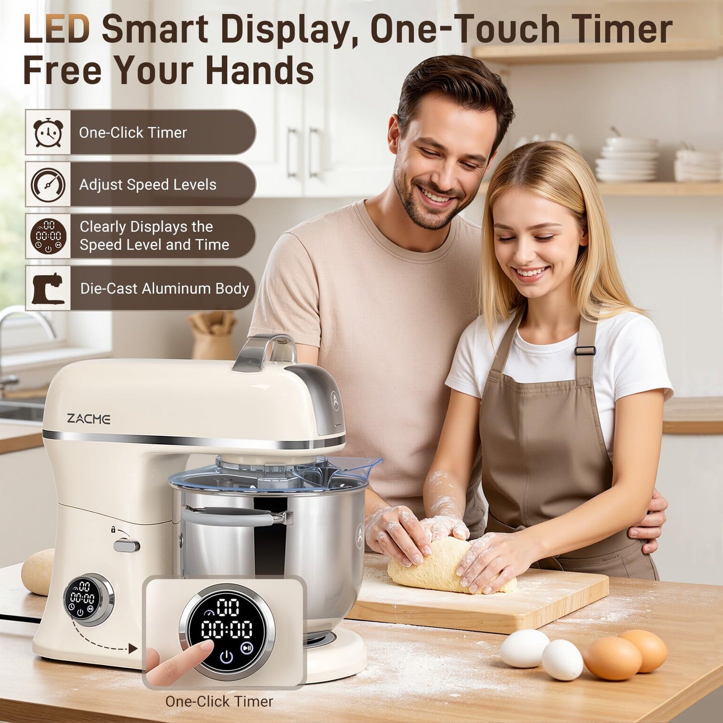 ZACME 7 Quart Stand Mixer Aluminum Die Casting, 650W 12 Speed Tilt-Head Kitchen Electric Stand Mixer, Household Food Mixer with Stainless Steel Bowl, Dough Hook, Whisk and Beater (Cream)
