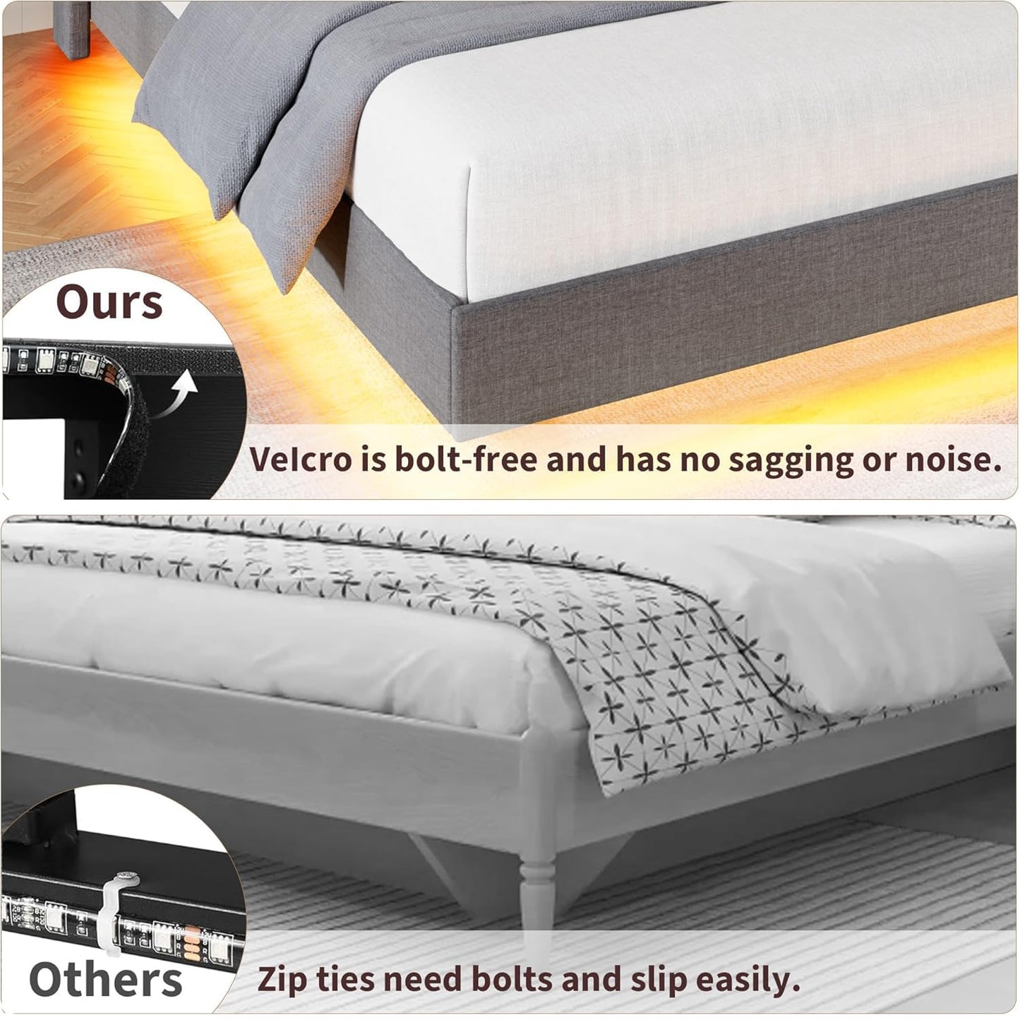 IDEALHOUSE Queen Size Floating Bed Frame with LED Lights & Charging Station – Upholstered Platform Bed with Storage Headboard, No Box Spring Needed, Easy Assembly, Grey
