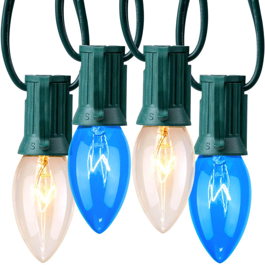 Minetom C9 Outdoor Christmas String Lights, 25 FT, Blue and Clear Bulbs, Green Wire, Model GYPI-O257AU