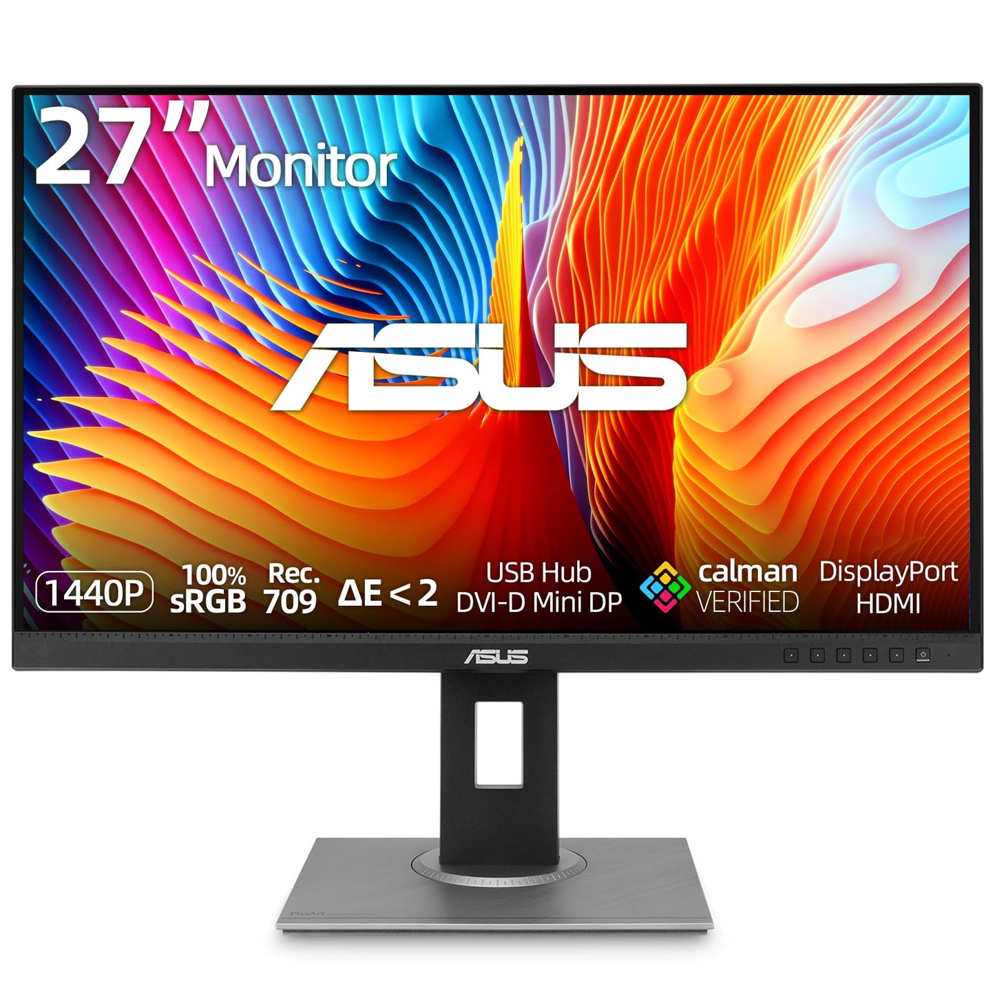 ASUS ProArt 27" QHD Monitor, 1440P IPS Display, 100% sRGB|Rec. 709, Delta E < 2 Color Accuracy, Calman Verified, DP HDMI Mini DP DVI USB Hub, Ergonomic Tilt Swivel Pivot Height Adjustable Stand