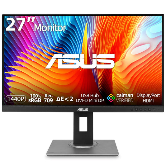 ASUS ProArt 27" QHD Monitor, 1440P IPS Display, 100% sRGB|Rec. 709, Delta E < 2 Color Accuracy, Calman Verified, DP HDMI Mini DP DVI USB Hub, Ergonomic Tilt Swivel Pivot Height Adjustable Stand