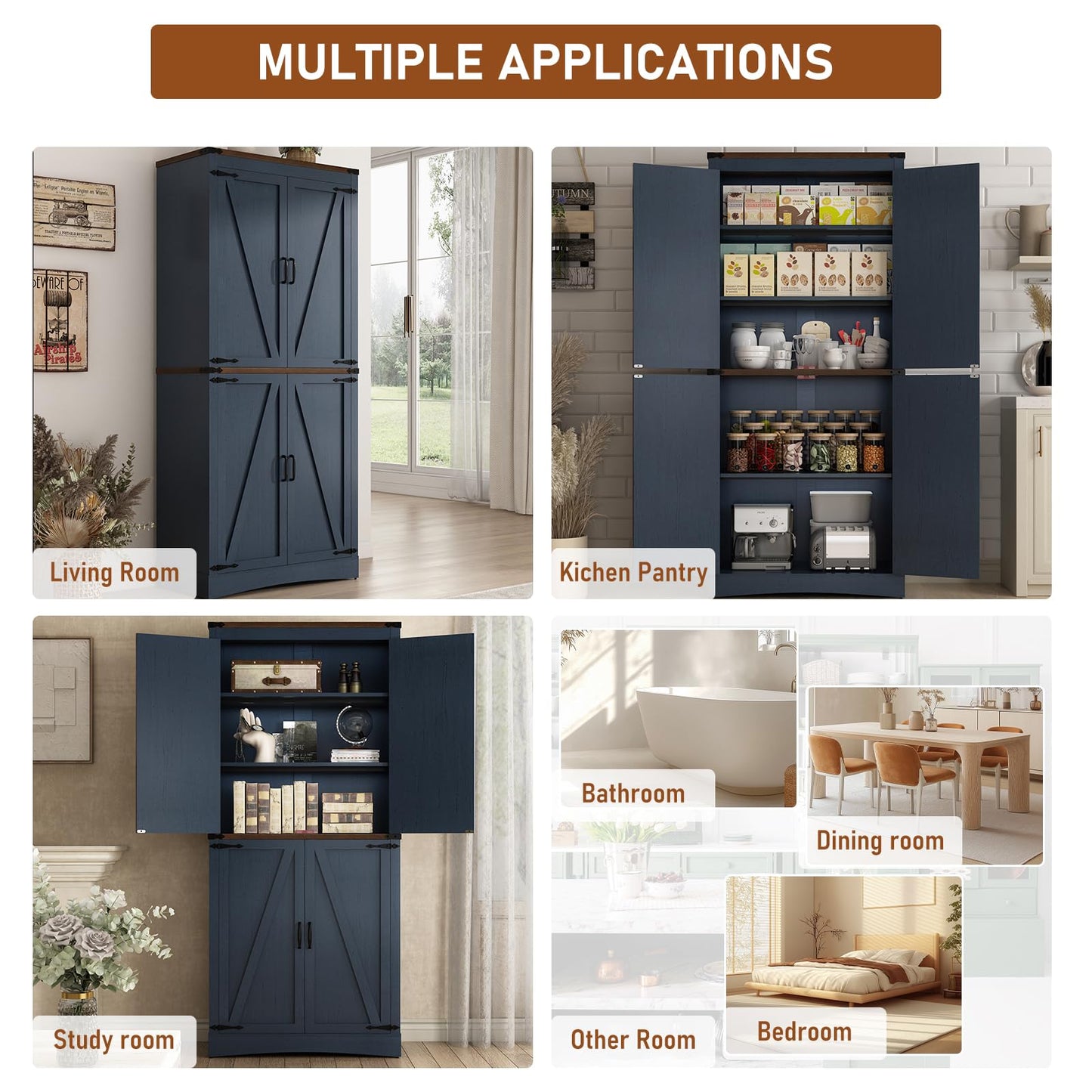 Hlivelood 71" Tall Kitchen Pantry,Farmhouse Storage Cabinet with Adjustable Shelves,Load-Bearing Steel Pipe,Farmhouse Pantry Cabinet with 4 Barn Doors,for Kitchen,Dining Room,Living Room(Blue)