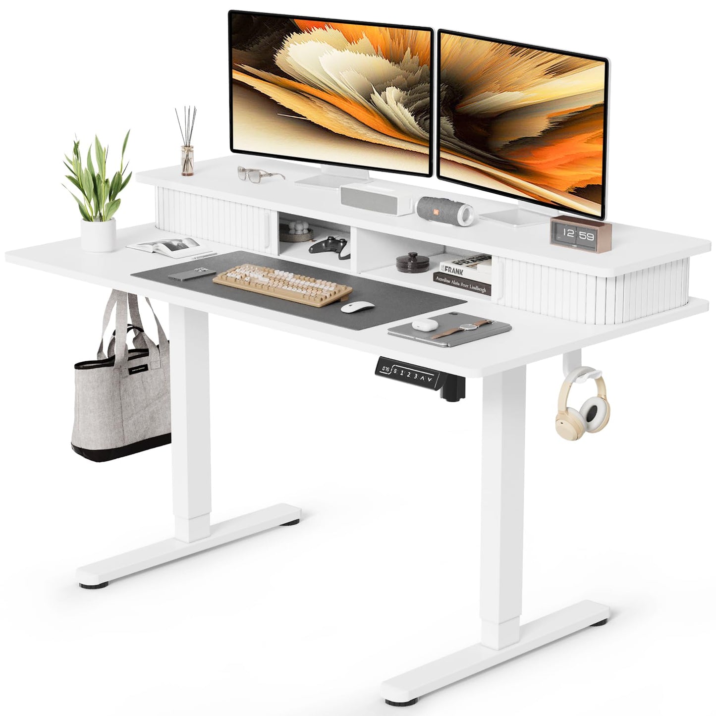 JOY worker Height Adjustable Electric Standing Desk with Storage Shelves, 48 Inch Table with Built-in Monitor Stand, Sit Stand Desk with 2 Hooks for Home Office, White