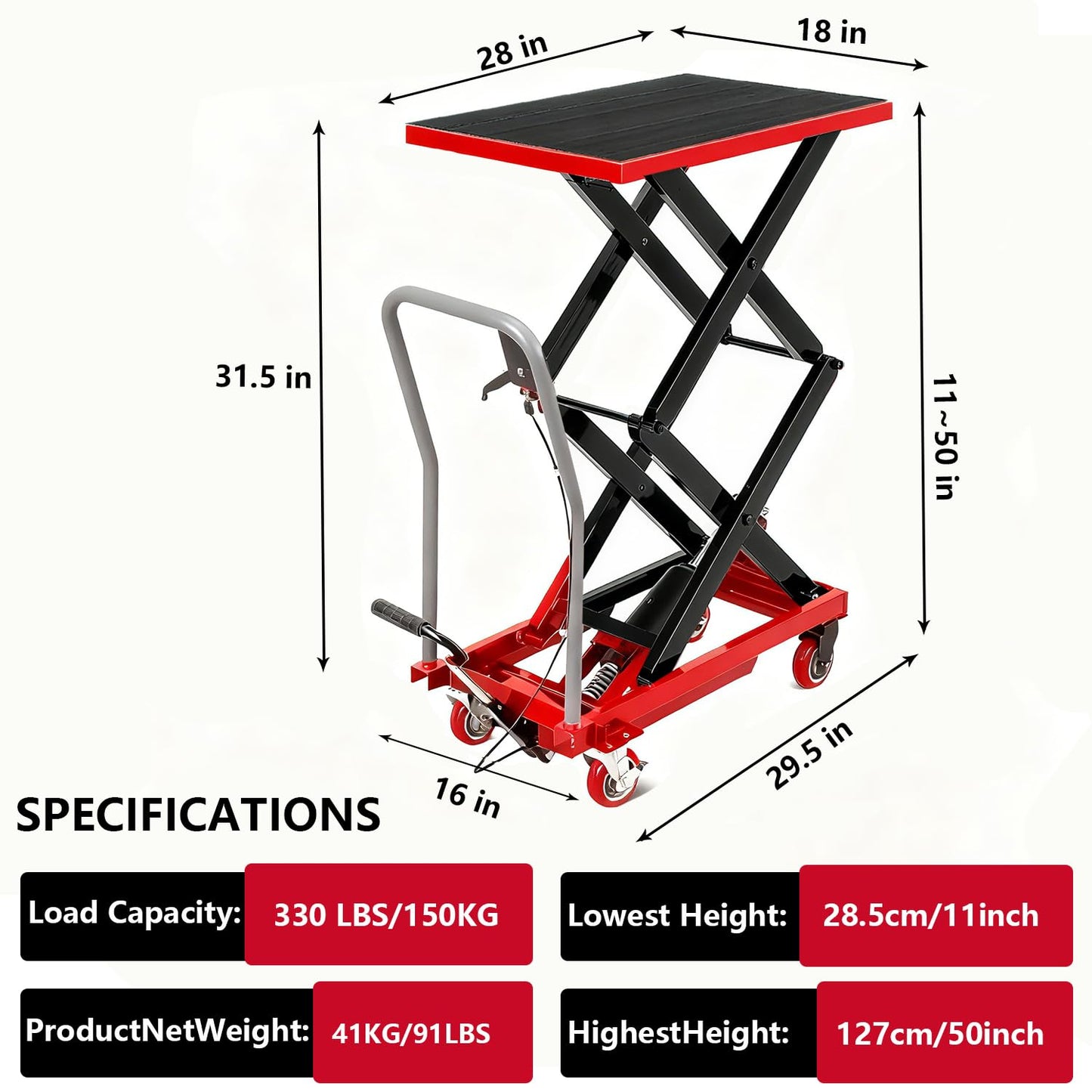 Hydraulic Lift Table, 330 Lbs Capacity, 50" Lifting Height, Double Scissor Lift Table Cart with 4 Wheels and Non-Slip Pad, Manual Hydraulic Lifting Cart (Red, 330 LBS, Double Scissor)