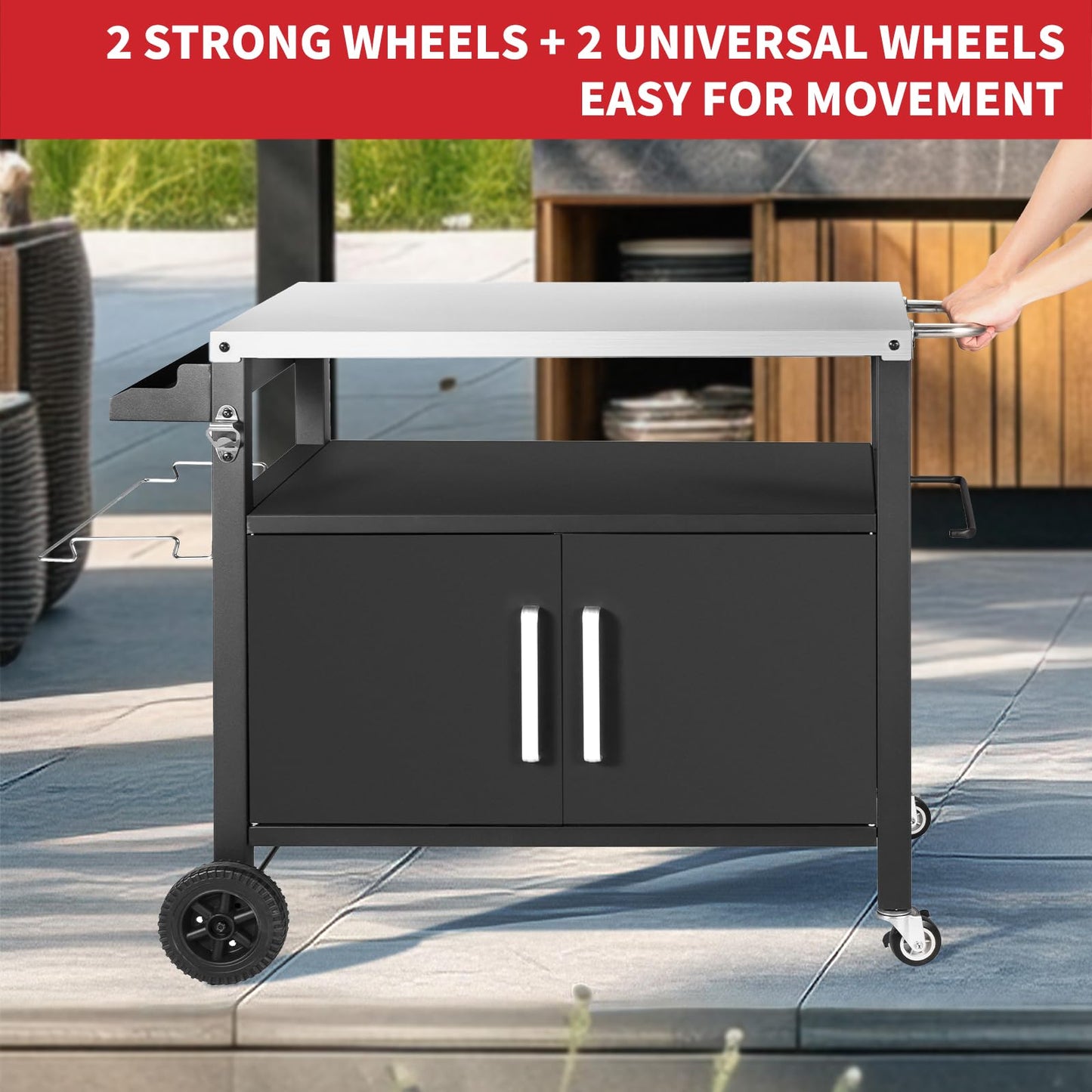 Kendane Grill Cart Table with Big Storage Cabinet, Movable Outdoor Dining Cart Pizza Oven Stand, Kitchen Cart Island Multifunction Food Prep Table Stainless Steel Surface