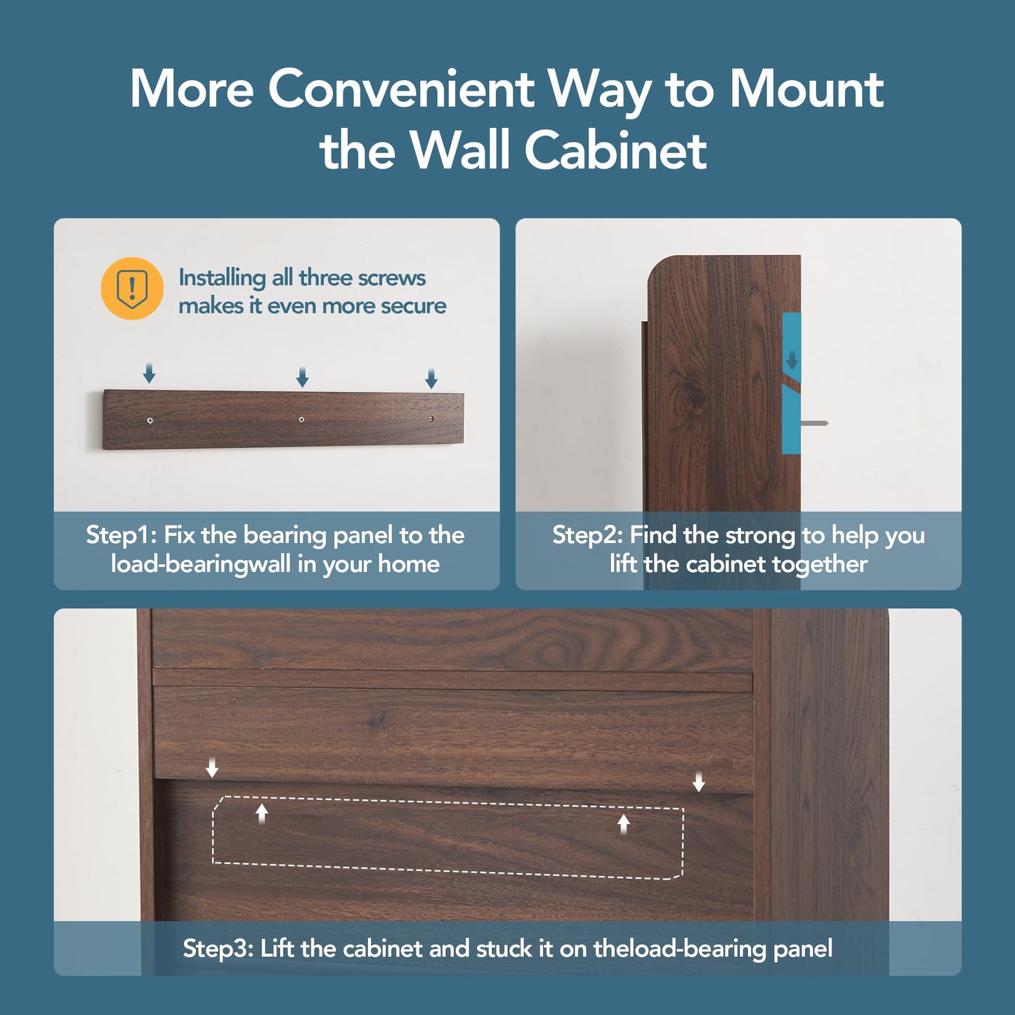 VANIRROR Fluted Wall Cabinet 33" H, Mid-Century Modern Dark Wood Bathroom Cabinet Over Toilet, Medicine Cabinet Storage with Doors & Open Shelf for Kitchen, Laundry Room and Entryway