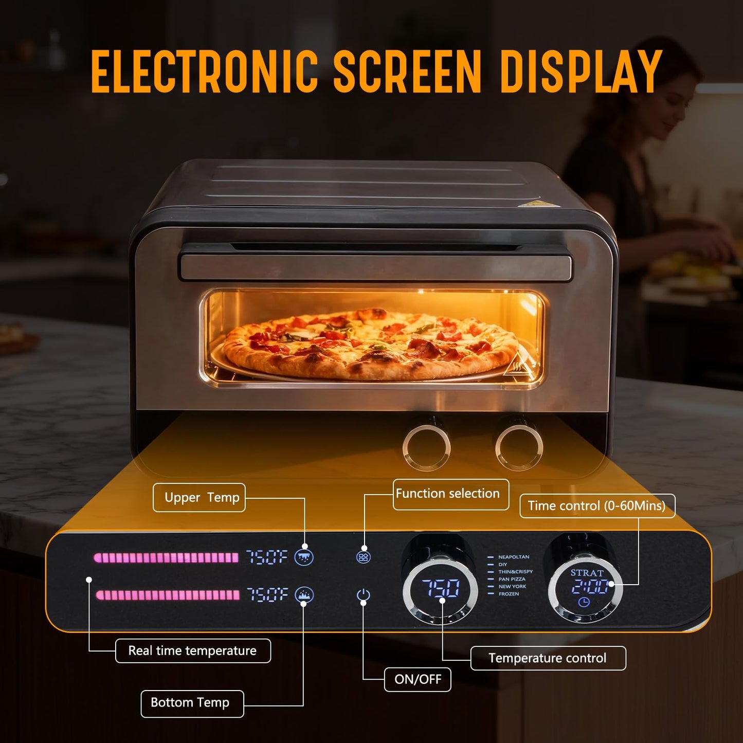 OLIXIS Pizza Oven Indoor, 1600W Electric Pizza Maker Fast Heating, 6 Presets for 12 Inches Pizzas, with Stone & Spatula, Upper-Bottom Independent Heating Temperature Control