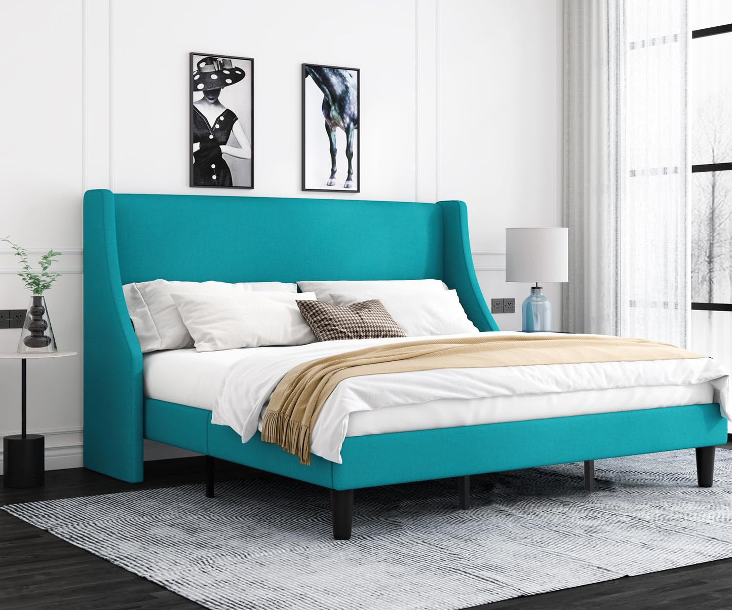 Allewie King Size Platform Bed Frame with Upholstered Headboard, Modern Deluxe Wingback, Wood Slat Support, Mattress Foundation, Peacock Green