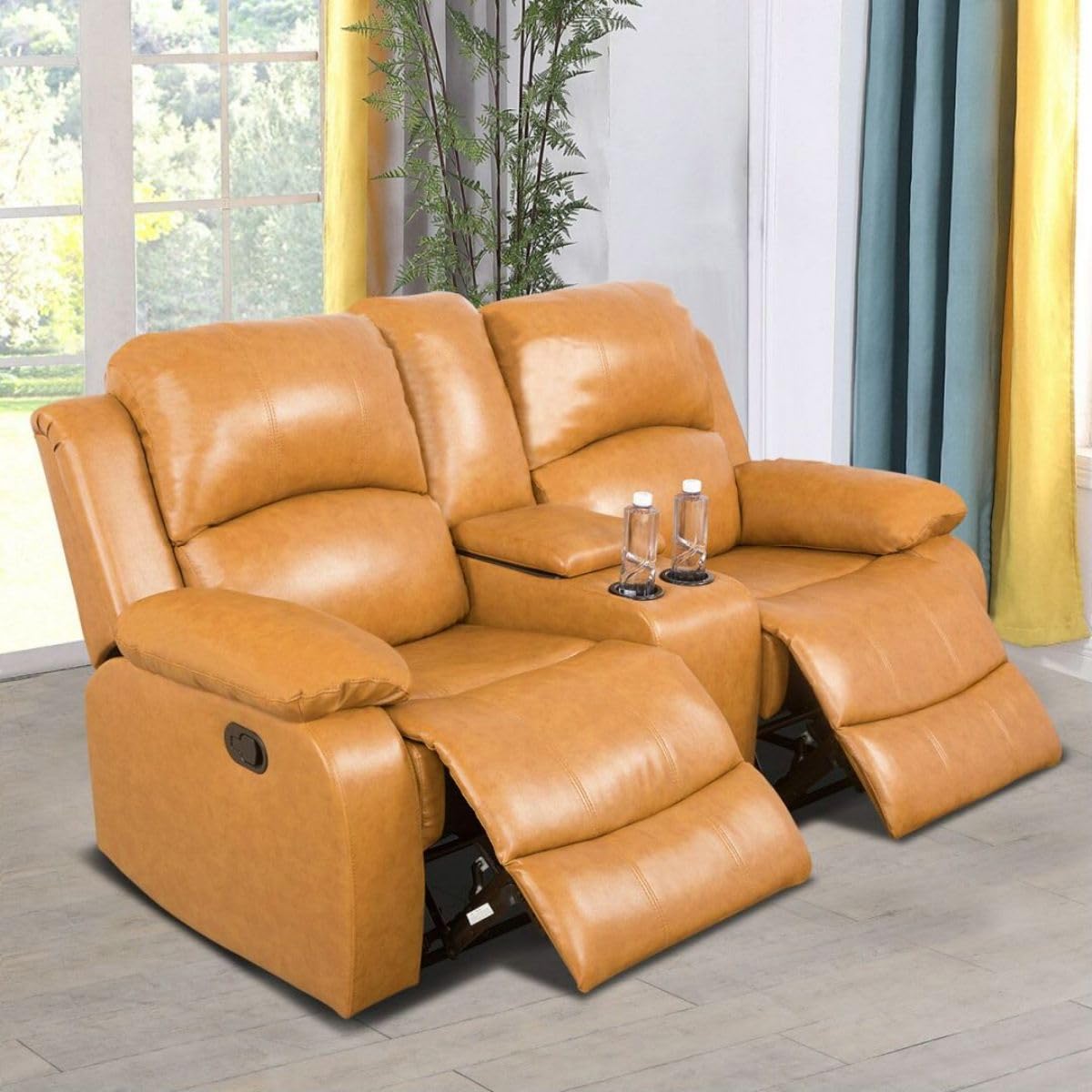 UOCFYK Lounge Comfy Recycled Leather Manual Reclining Sofa Modern Loveseat Couch for Small Living Room/Dorm/Bedroom/Office/Apartment for Small Spaces, (Ginger, Two-Person Seat)